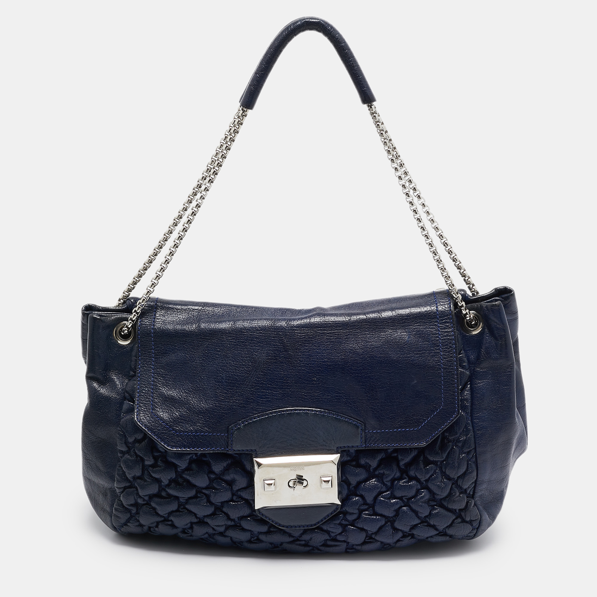

Alexander McQueen Navy Blue Quilted Leather Chain Flap Bag