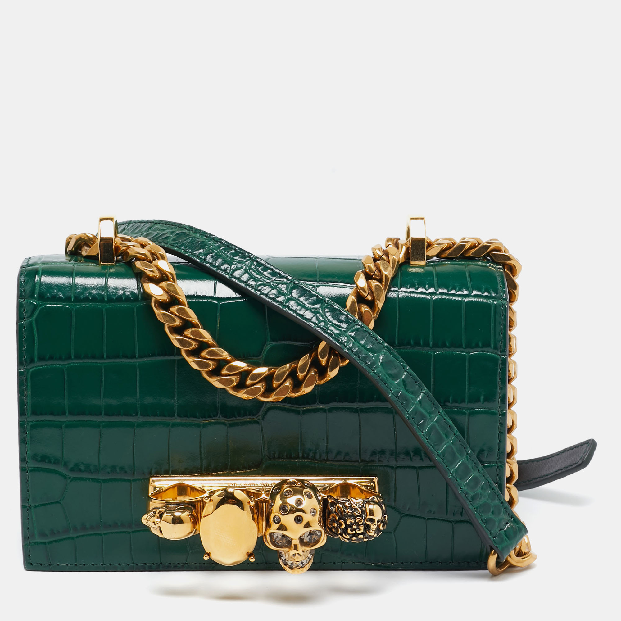 

Alexander McQueen Green Croc Embossed Leather Skull Ring Shoulder Bag