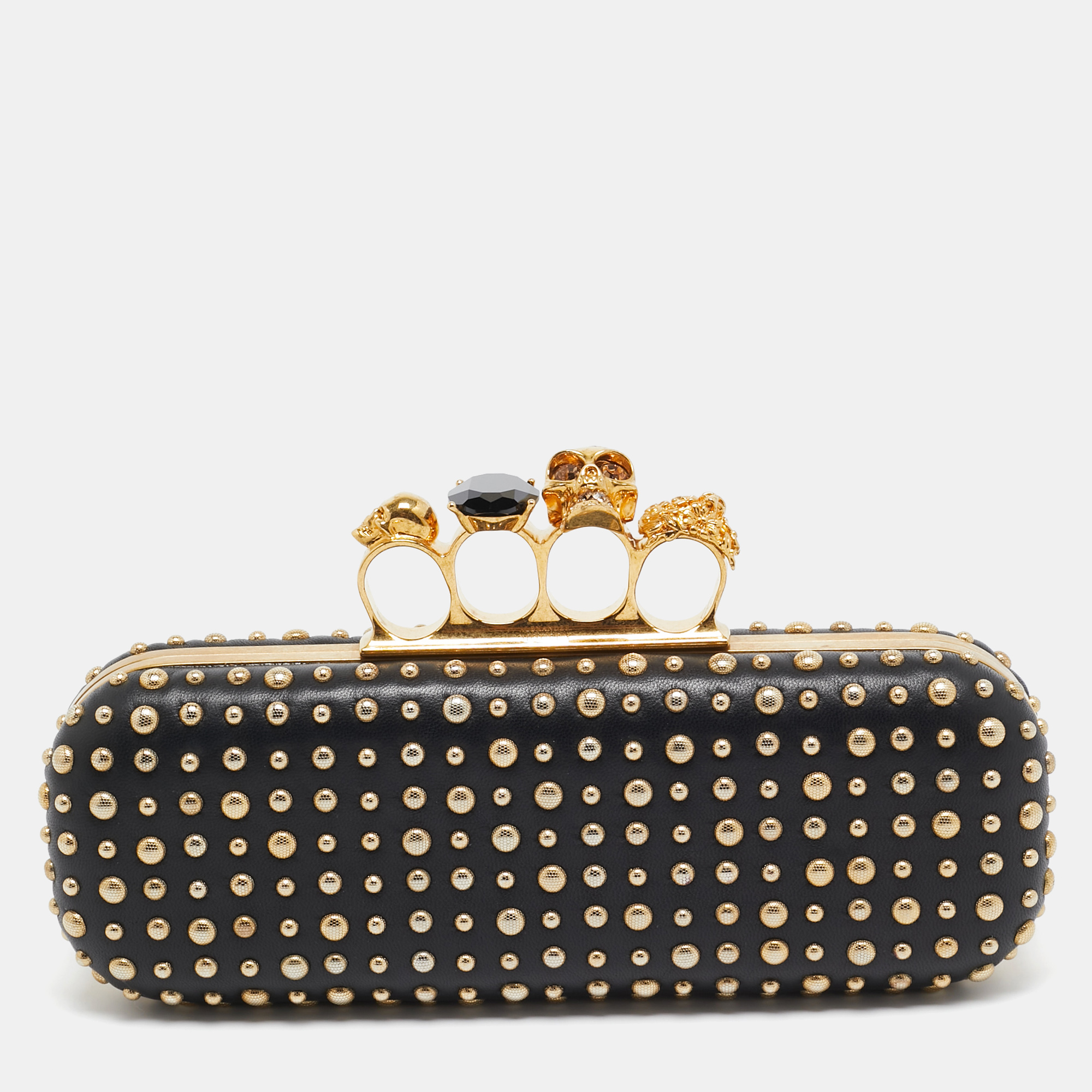 

Alexander McQueen Black Studded Leather Skull Knuckle Box Clutch