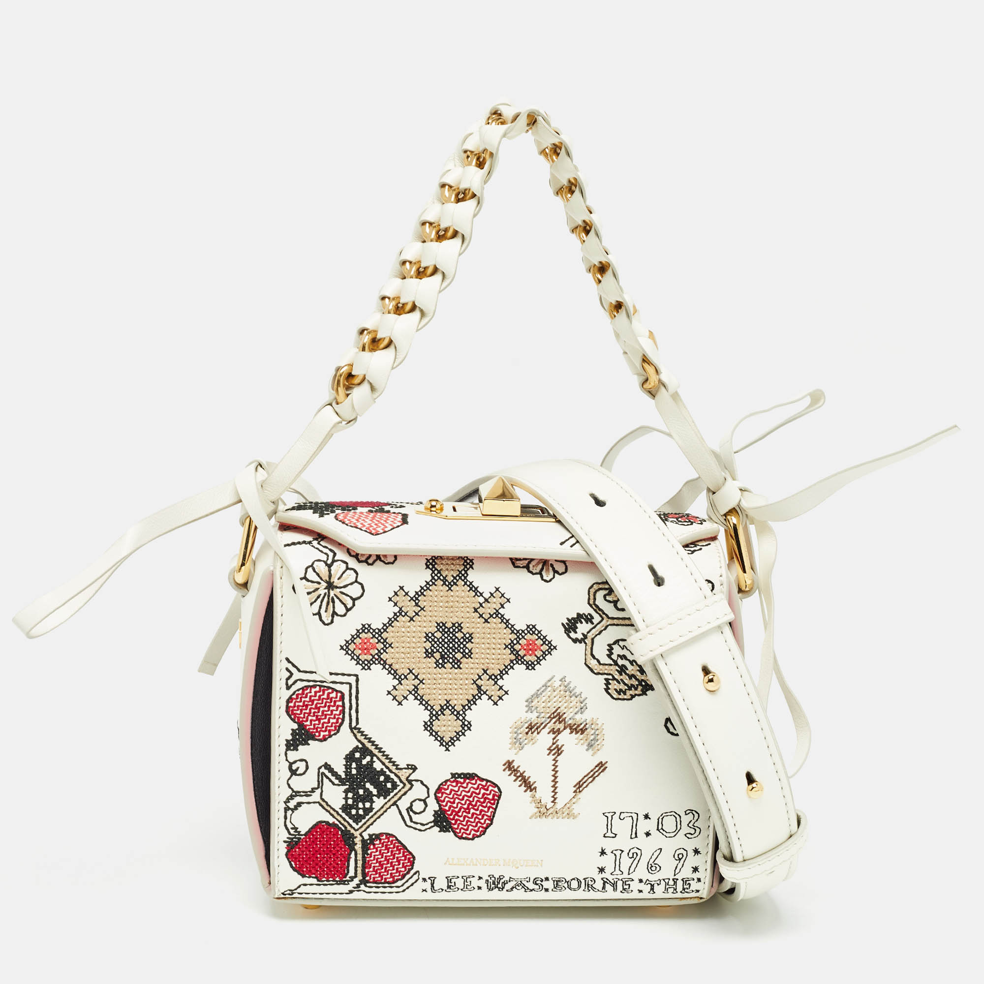 

Alexander McQueen White/Multicolor Embroidered Leather Box 16 Shoulder Bag