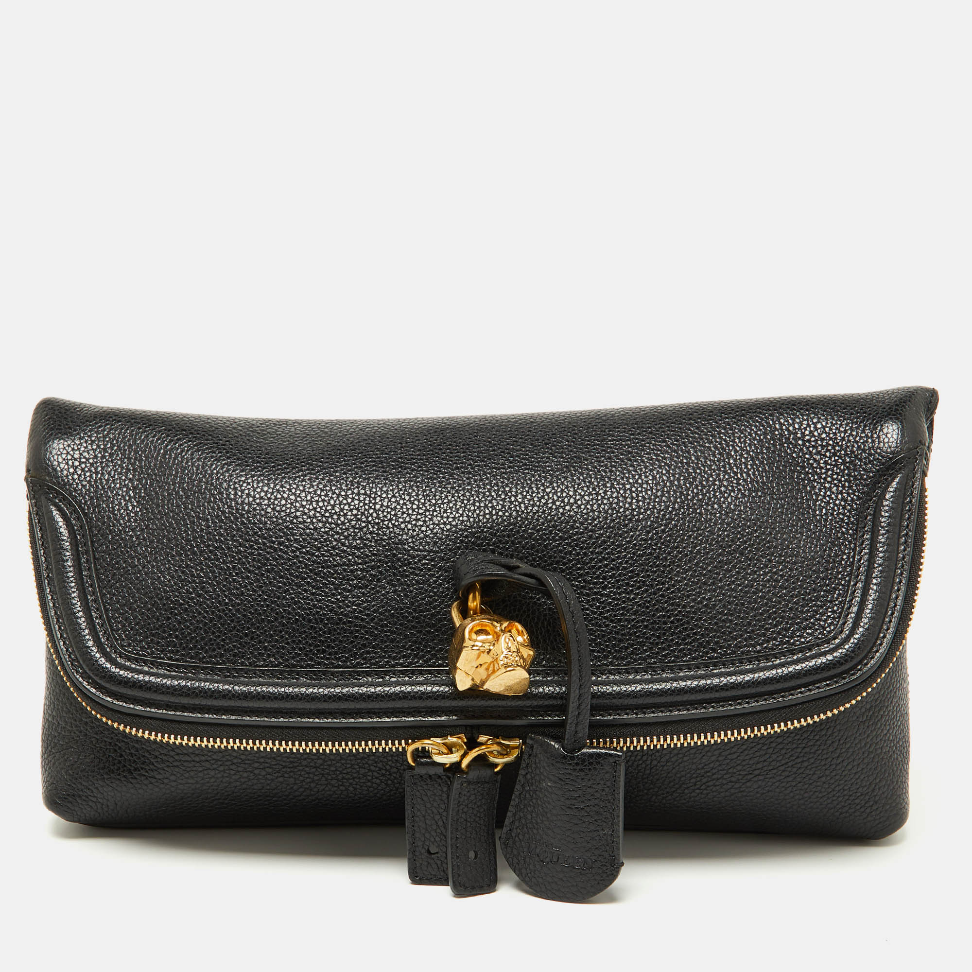 

Alexander McQueen Black Leather Skull Padlock Fold-Over Clutch