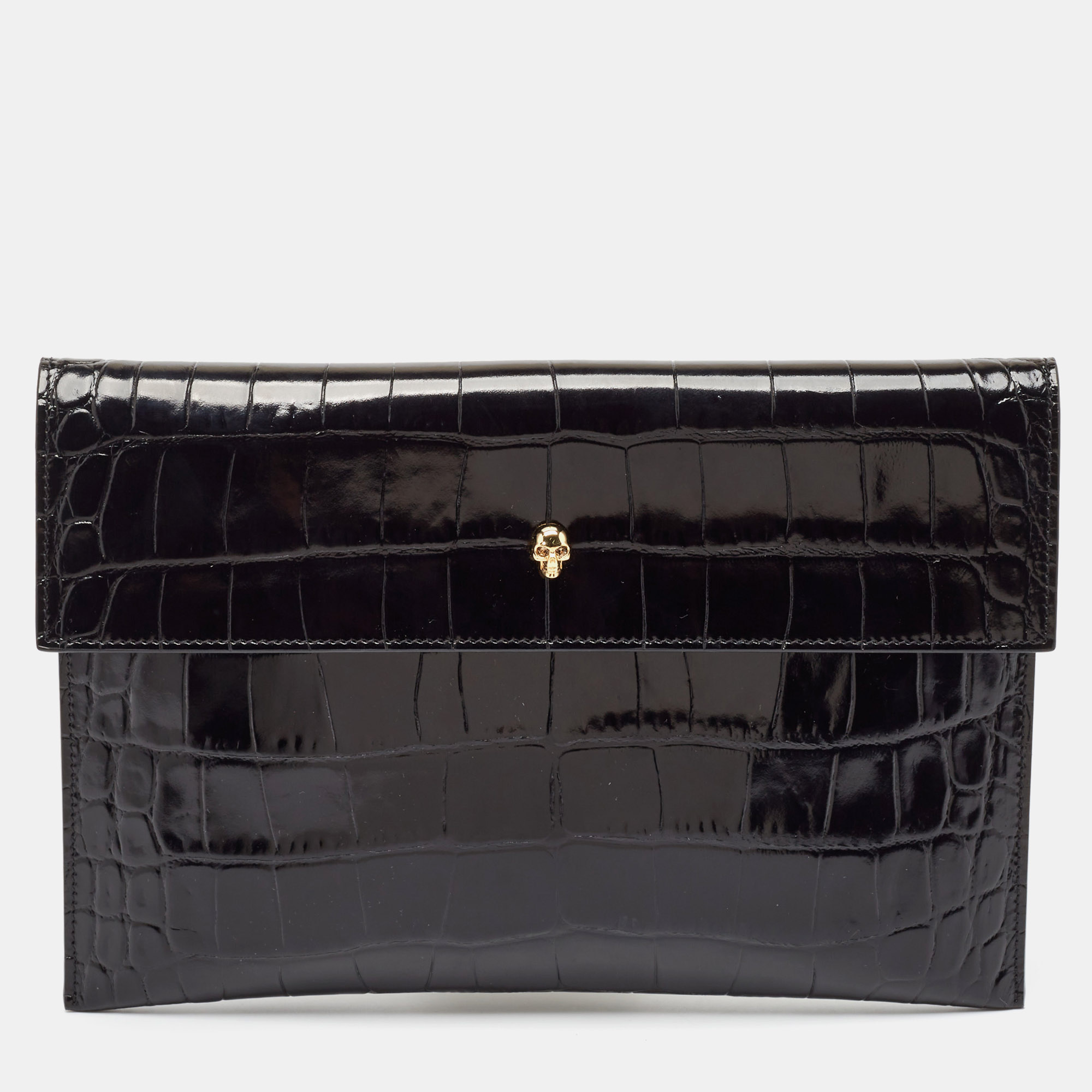 

Alexander McQueen Black Croc Embossed Leather Skull Clutch