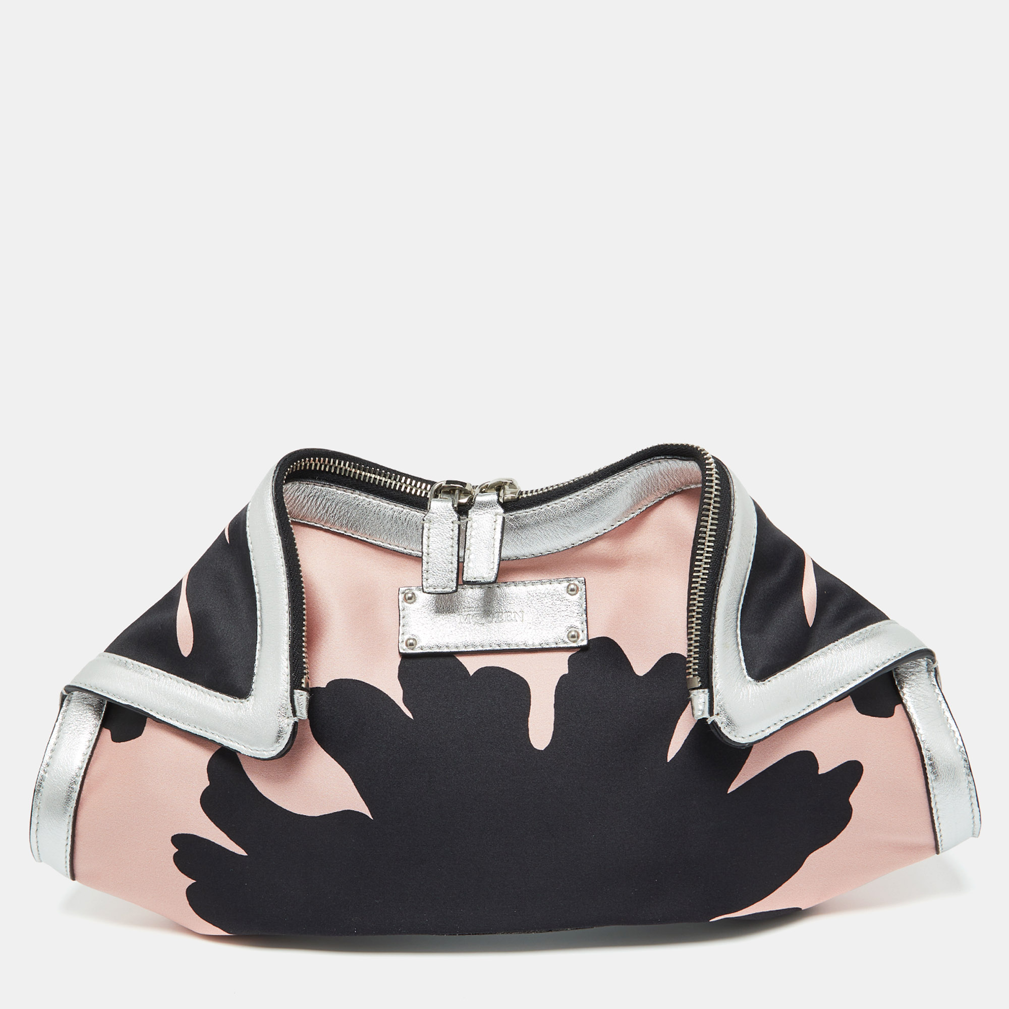 Pre-owned Alexander Mcqueen Black/pink Satin And Leather Medium Floral De Manta Clutch In Multicolor