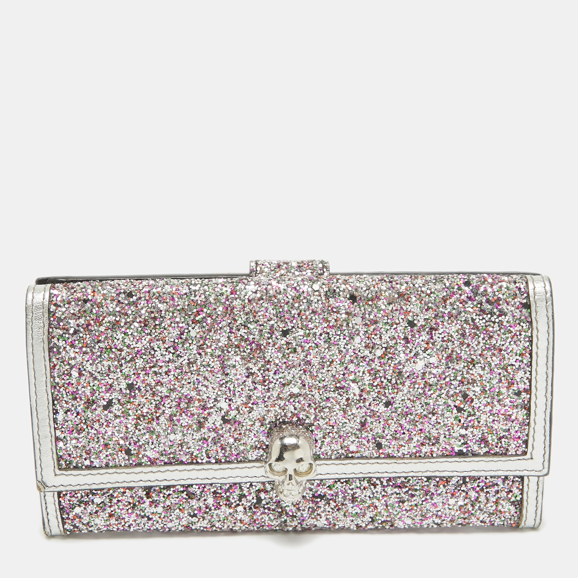 

Alexander McQueen Silver Glitter and Leather Skull Continental Wallet