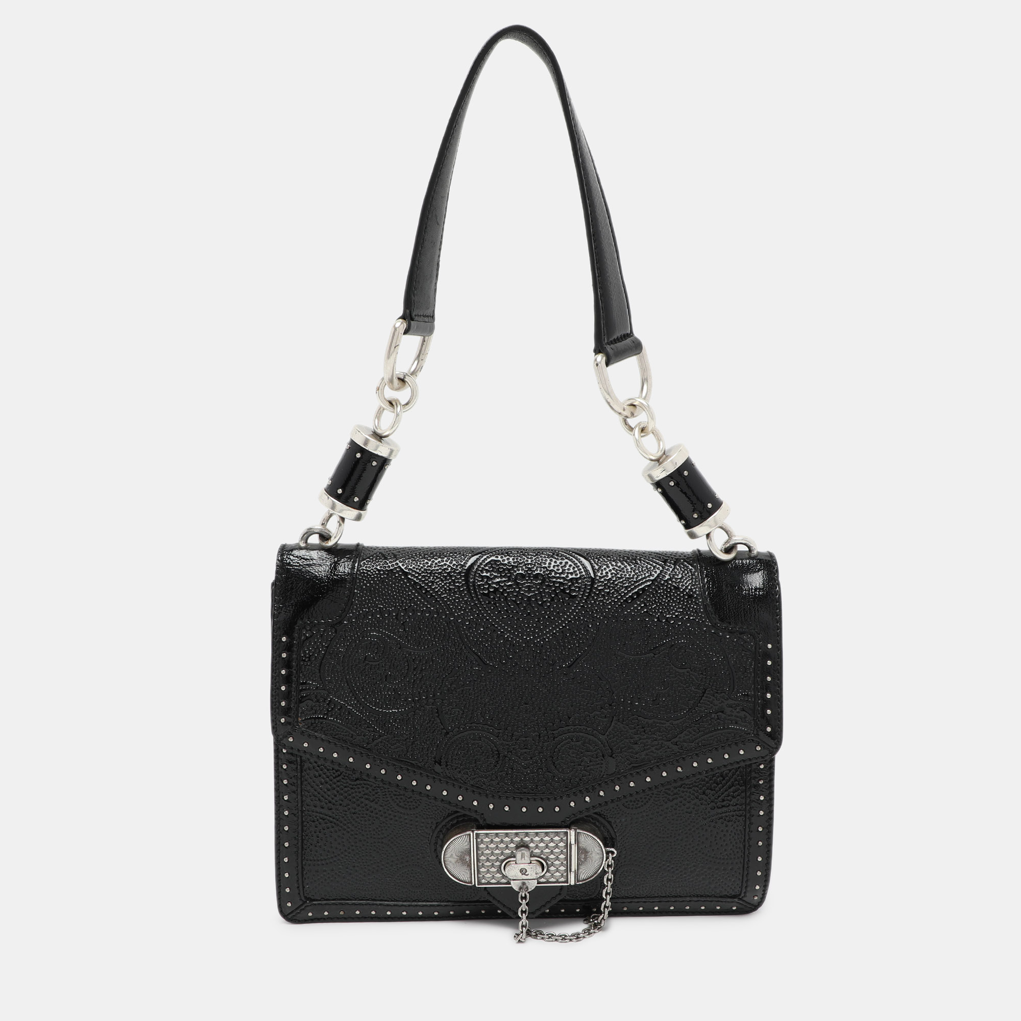 

Alexander McQueen Black Embossed Patent Leather Top Handle Bag