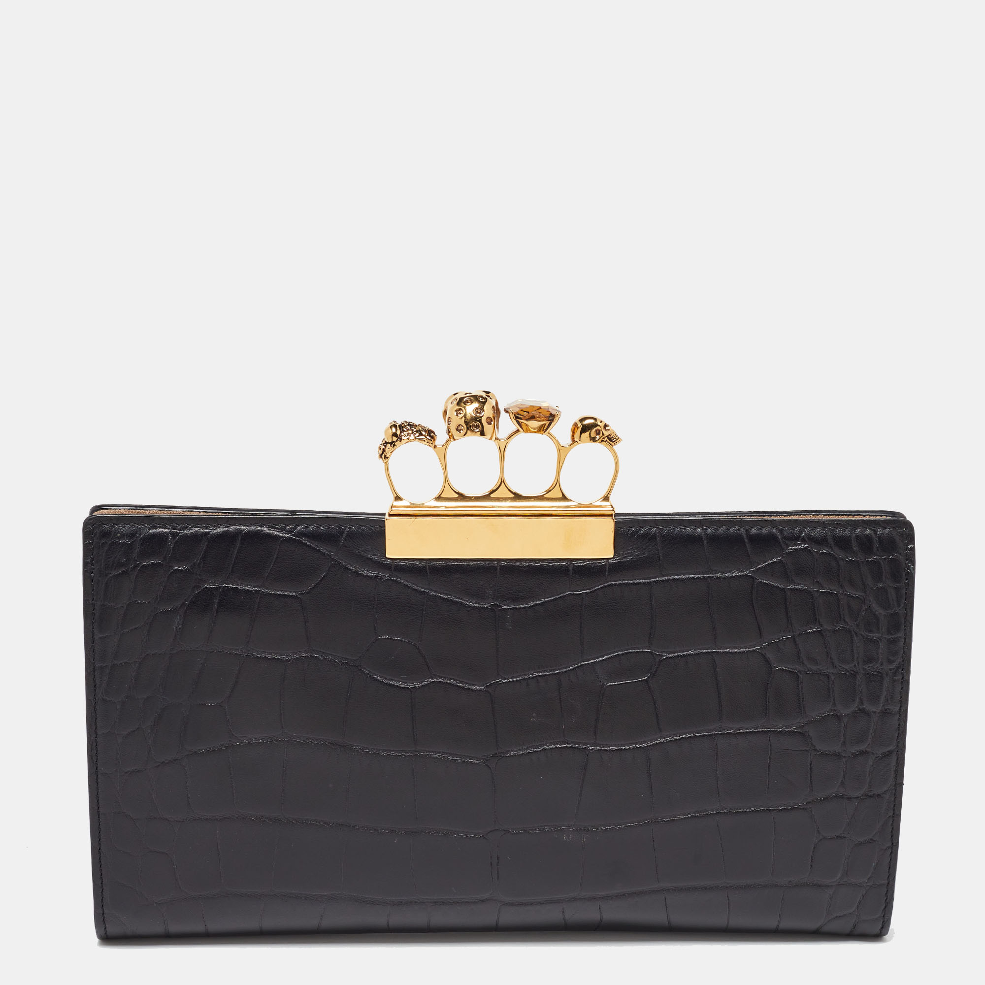 

Alexander McQueen Black Croc Embossed Leather Skull Knuckle Clutch