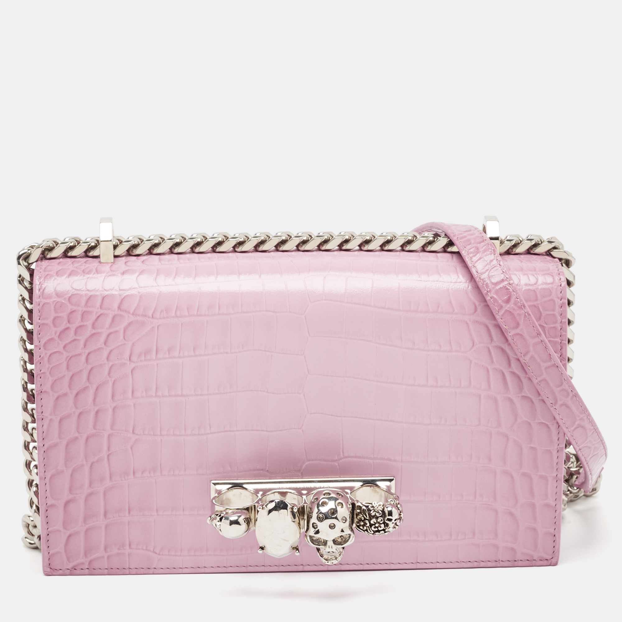 

Alexander McQueen Pink Croc Embossed Leather Knuckle Flap Shoulder Bag