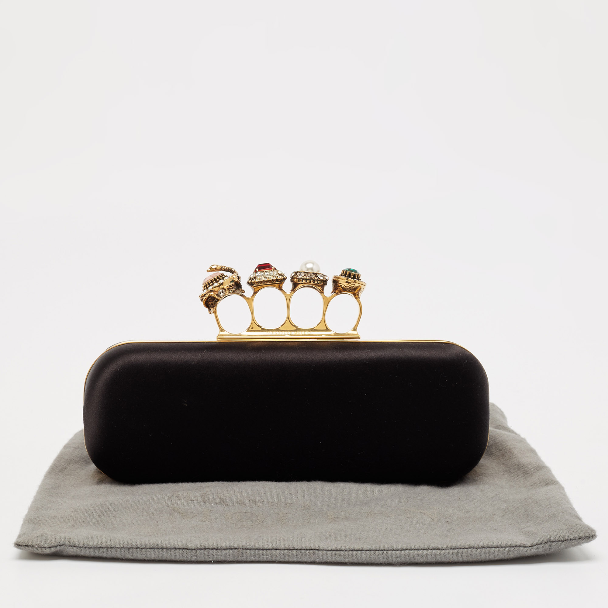 Alexander McQueen Black Satin Crystal Knuckle Duster Clutch 