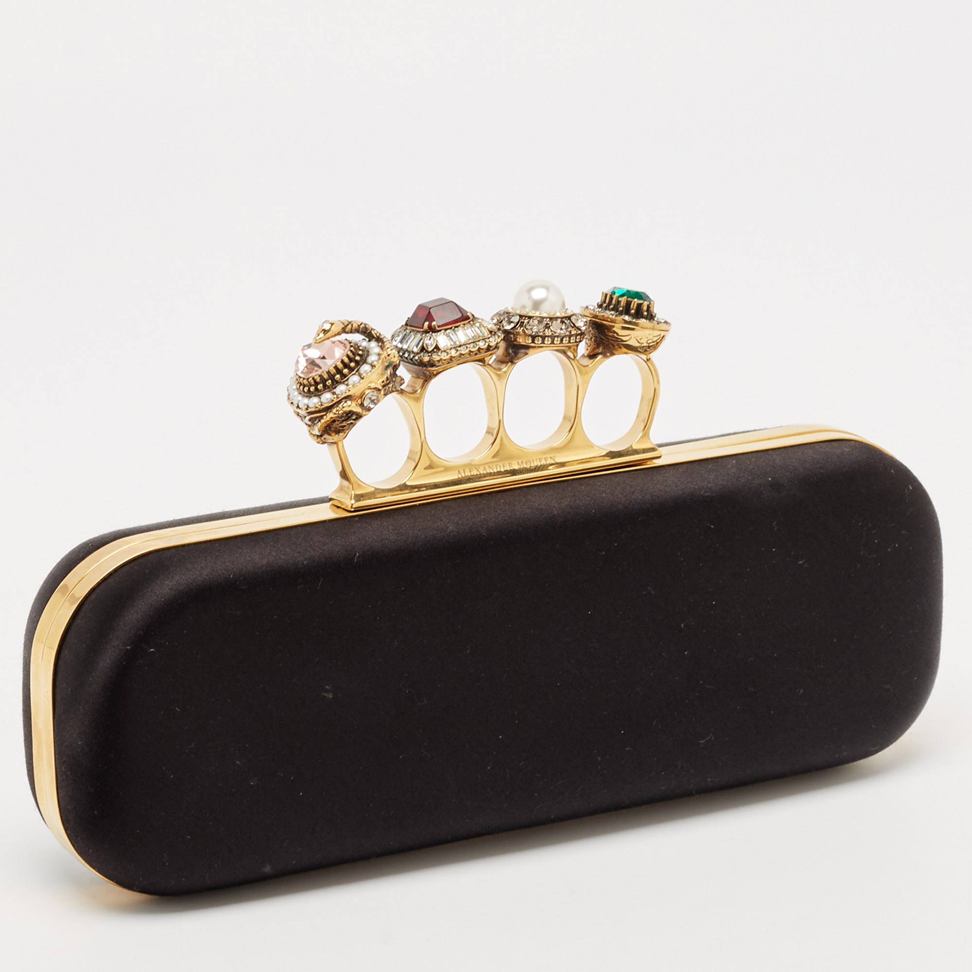 Alexander McQueen Black Satin Crystal Knuckle Duster Clutch 