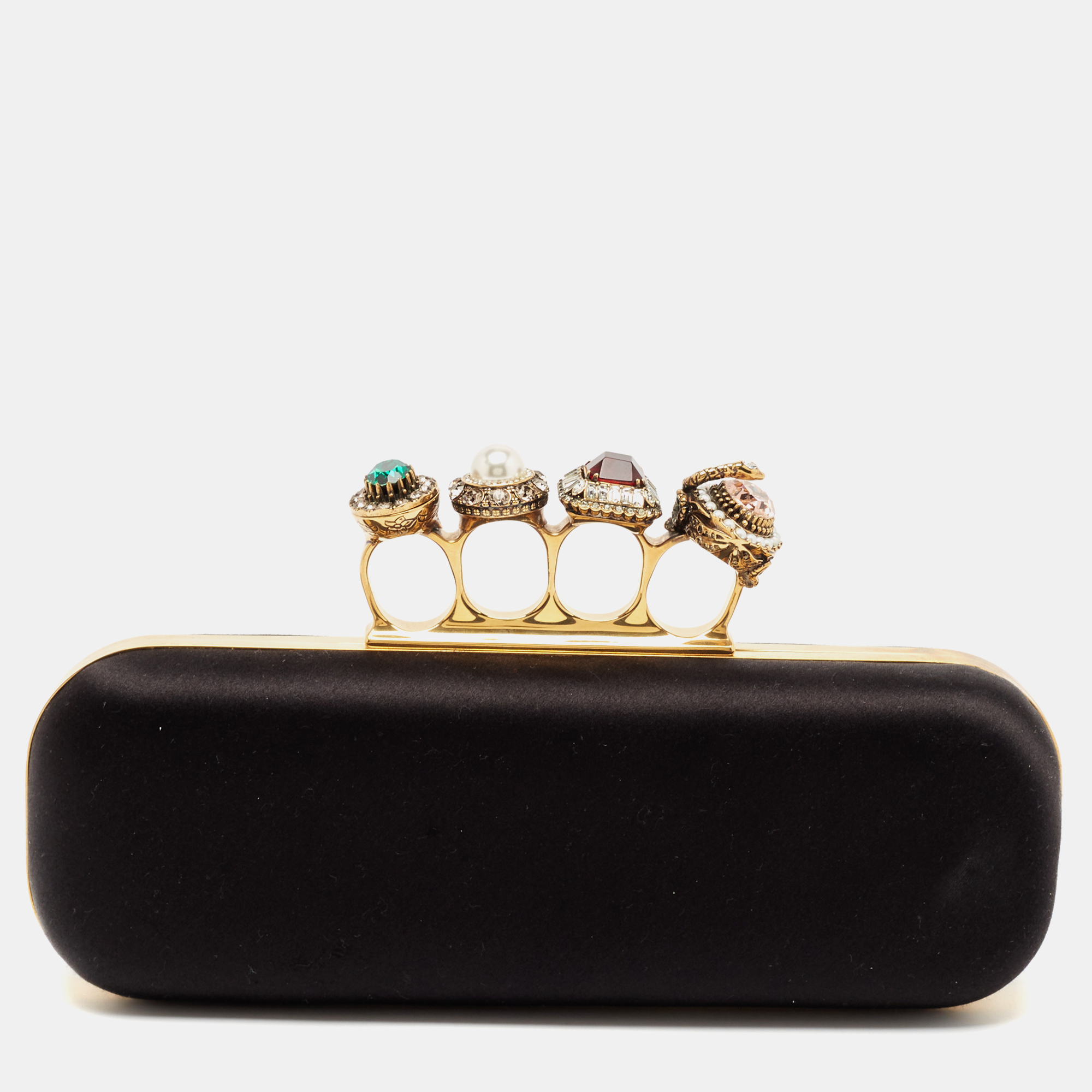 Alexander McQueen Black Satin Crystal Knuckle Duster Clutch 