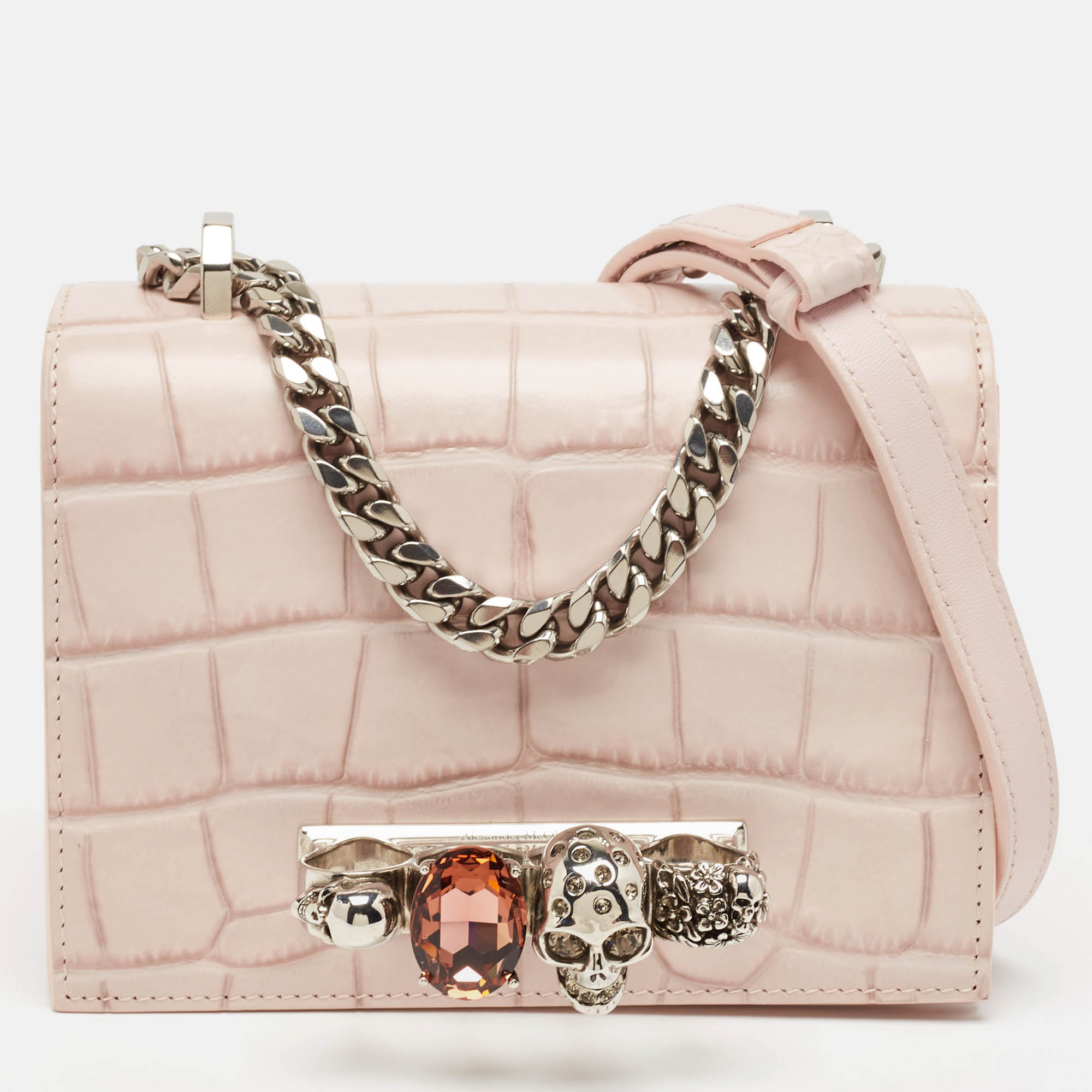 

Alexander McQueen Pink Croc Embossed Leather Knuckle Flap Shoulder Bag