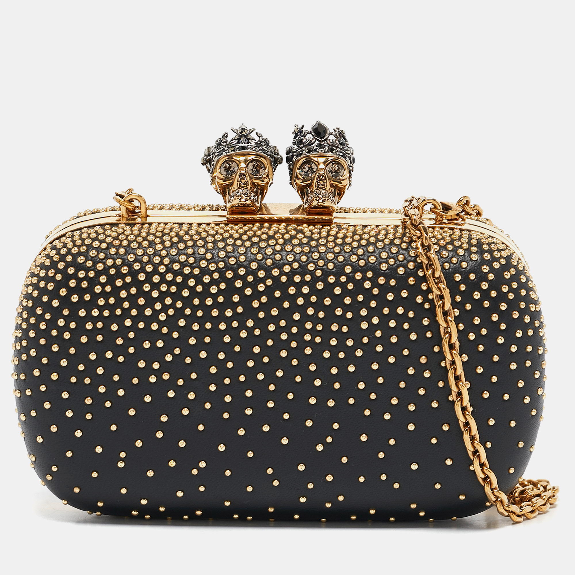 

Alexander McQueen Black Leather Studded King and Queen Skull Chain Clutch