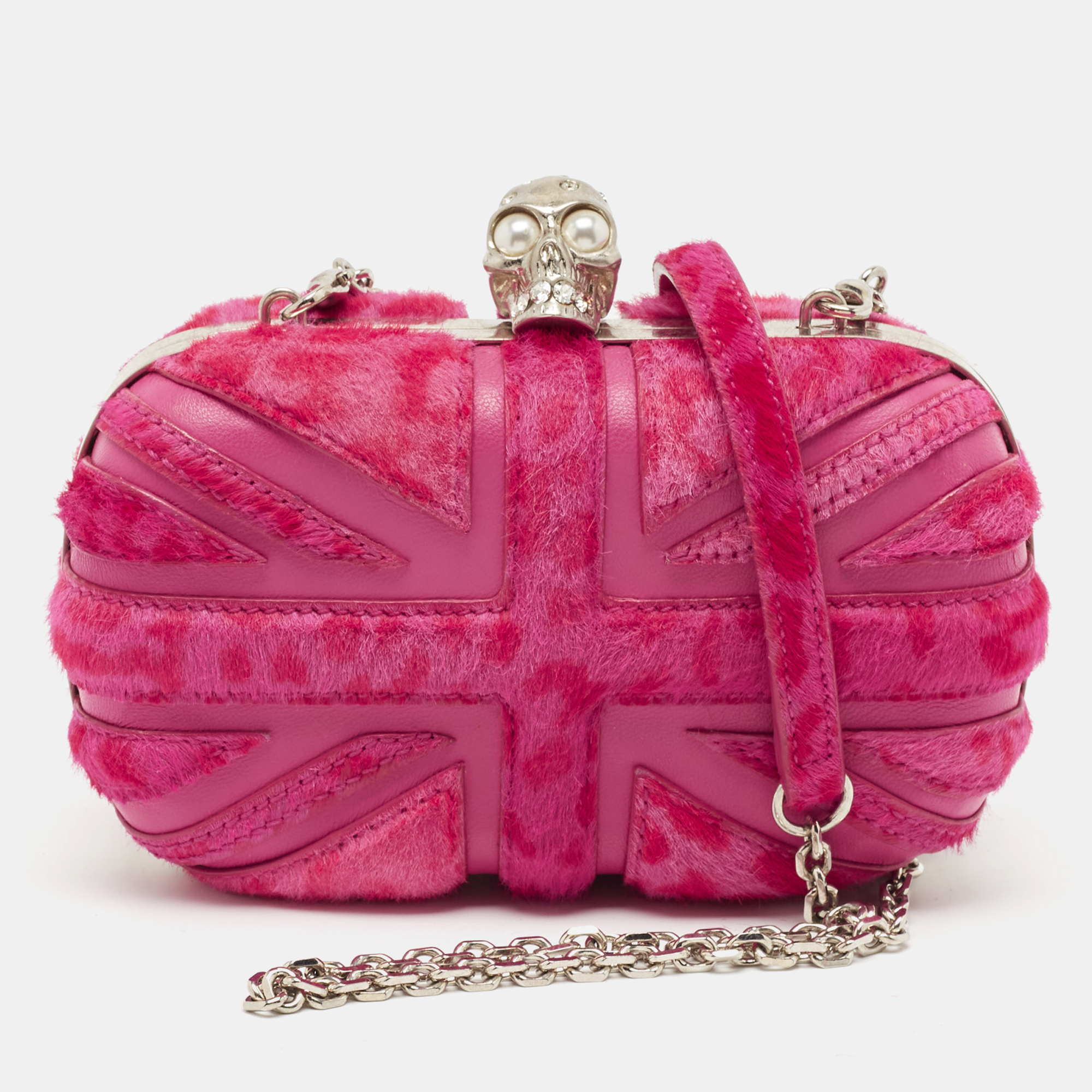 

Alexander McQueen Fuchsia Calf Hair Britannia Skull Box Chain Clutch, Pink