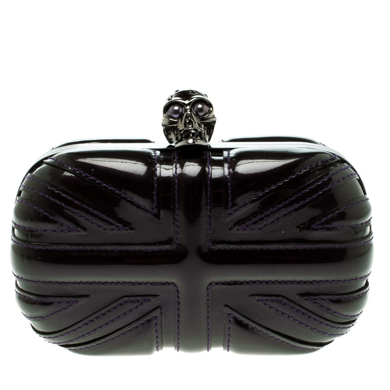 Pre Owned Alexander Mcqueen Purple Patent Leather Skull Box Clutch