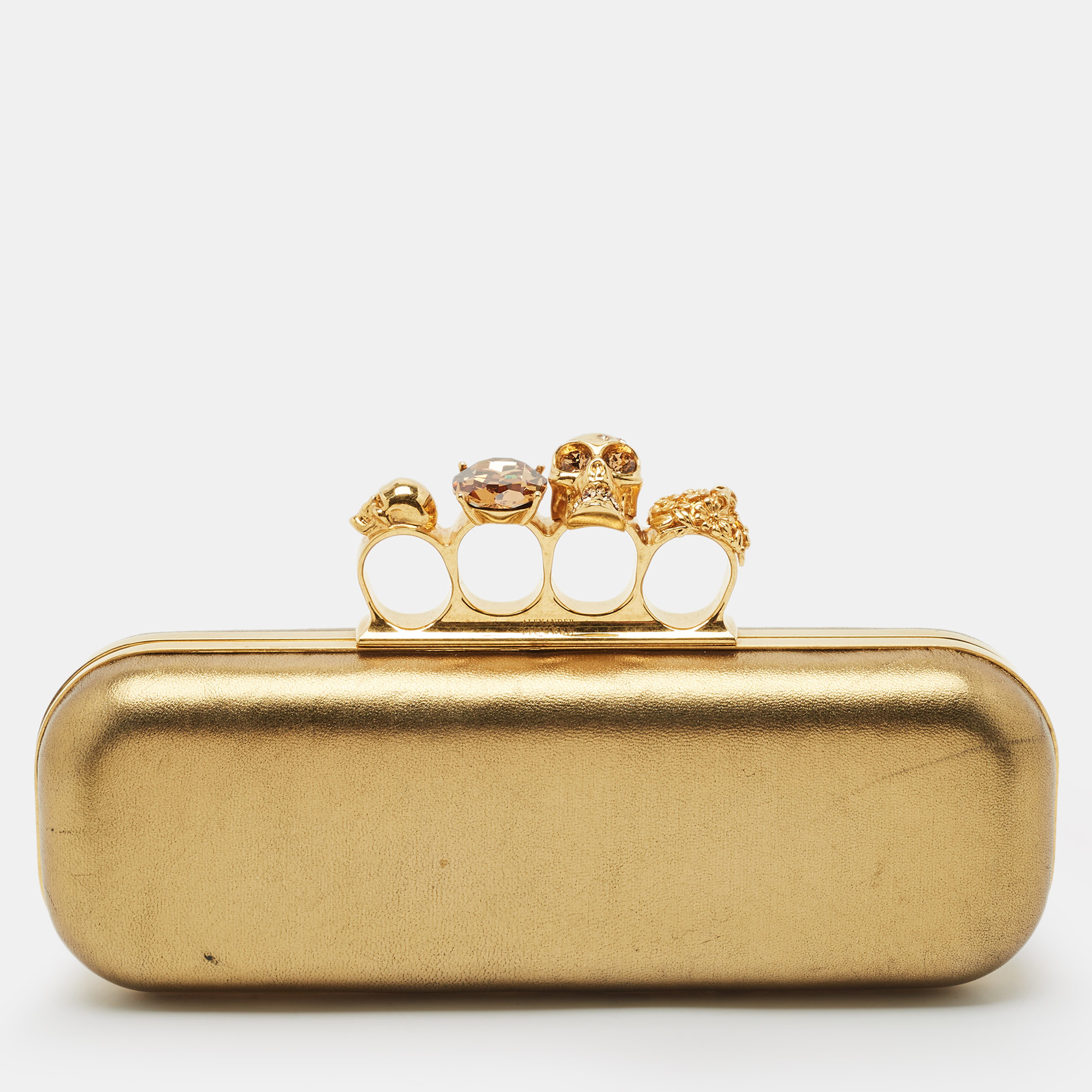 

Alexander McQueen Gold Leather Skull Crystals Knuckle Box Clutch