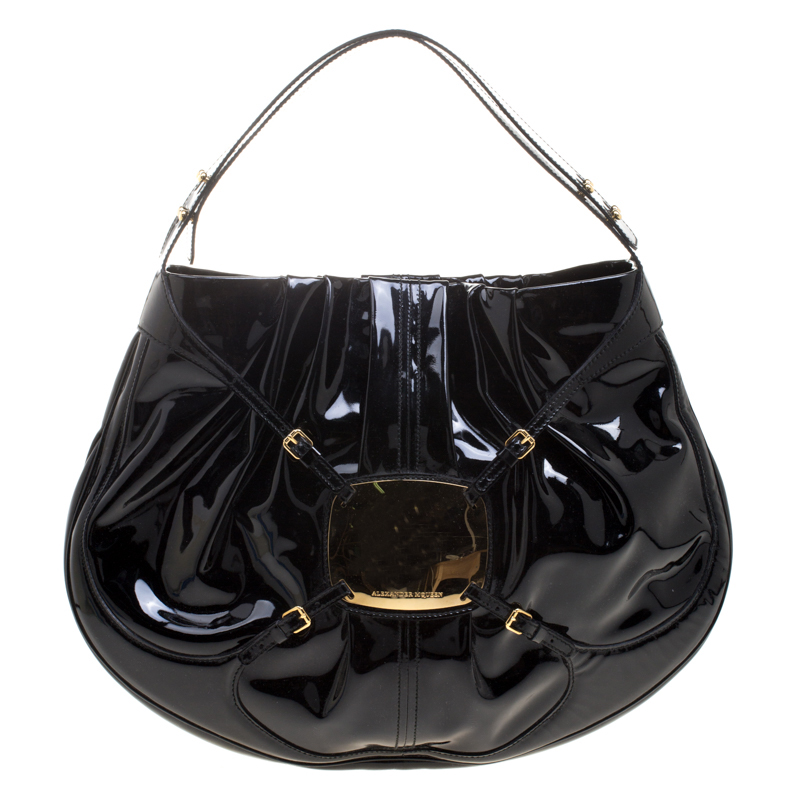 Pre Owned Alexander McQueen Black Patent Leather Clover Hobo