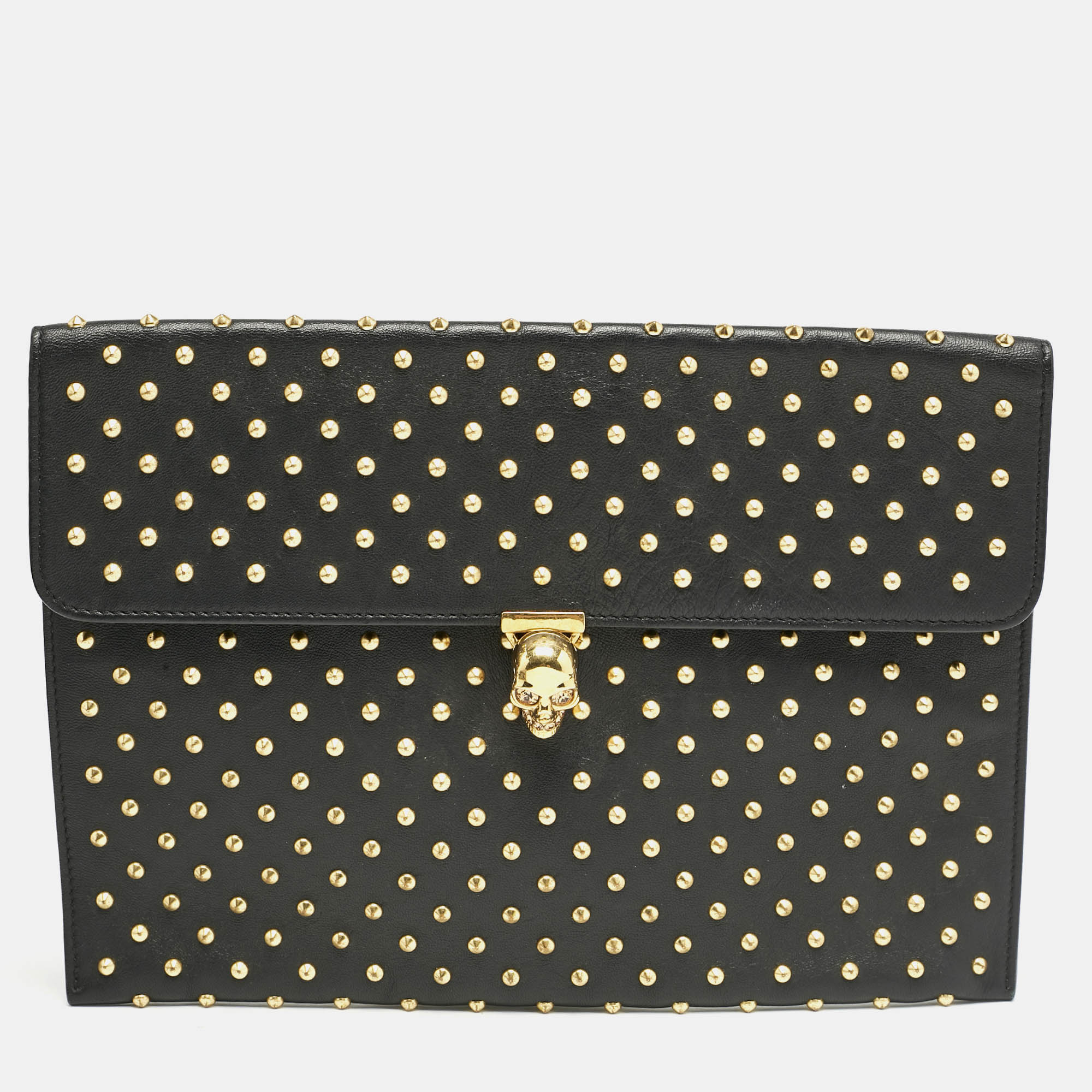 Pre-owned Alexander Mcqueen Black Leather Studded Flat Skull Clutch