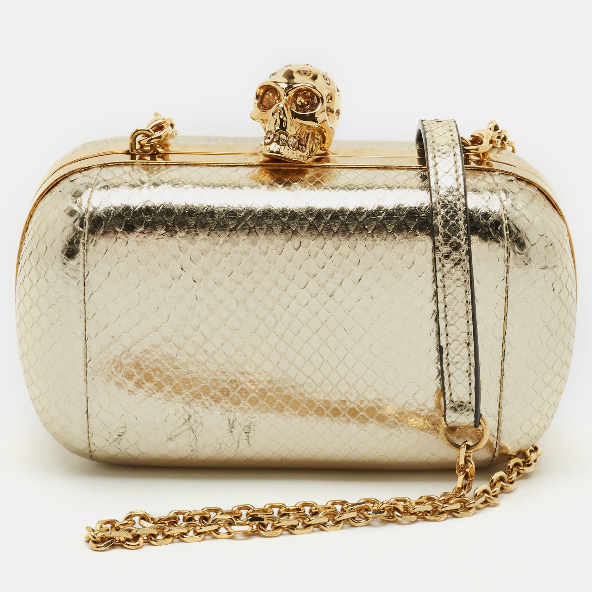 

Alexander McQueen Gold Snakeskin Embossed Leather Skull Box Clutch Bag
