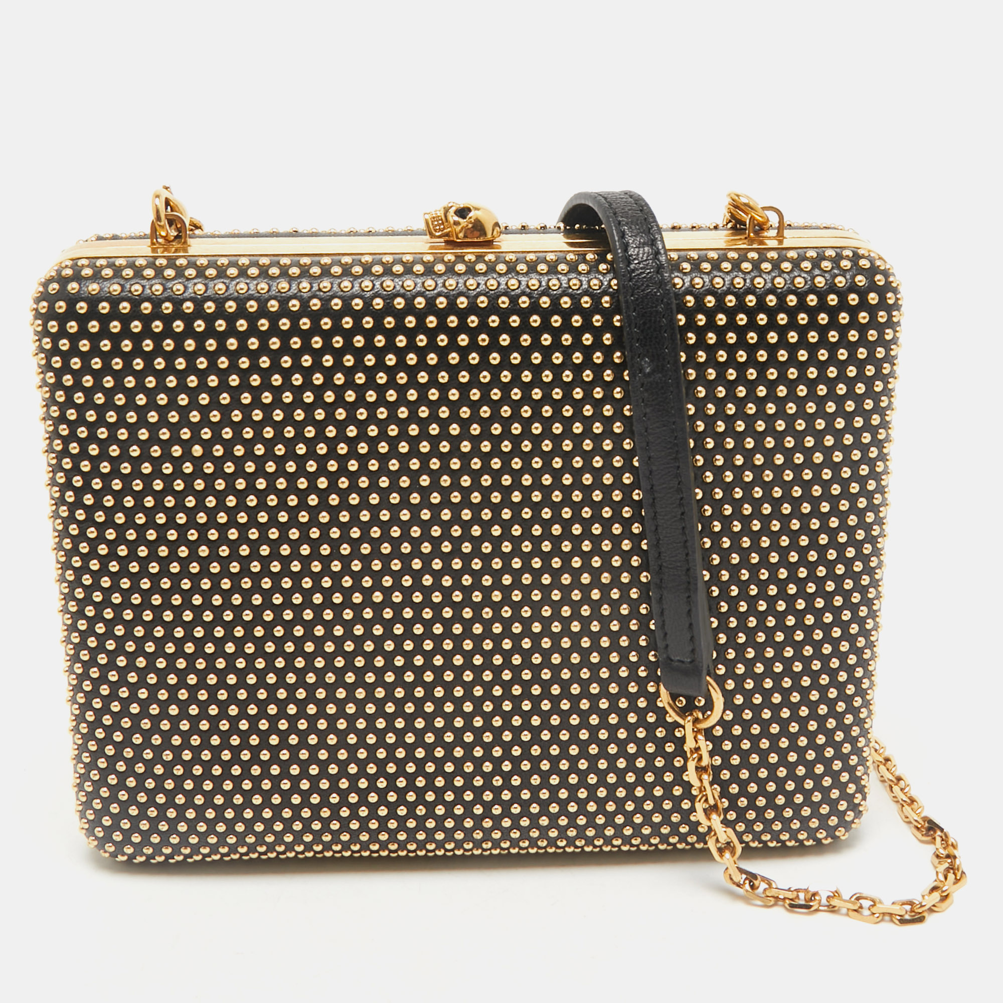 

Alexander McQueen Black Leather Studded Skull Box Chain Clutch