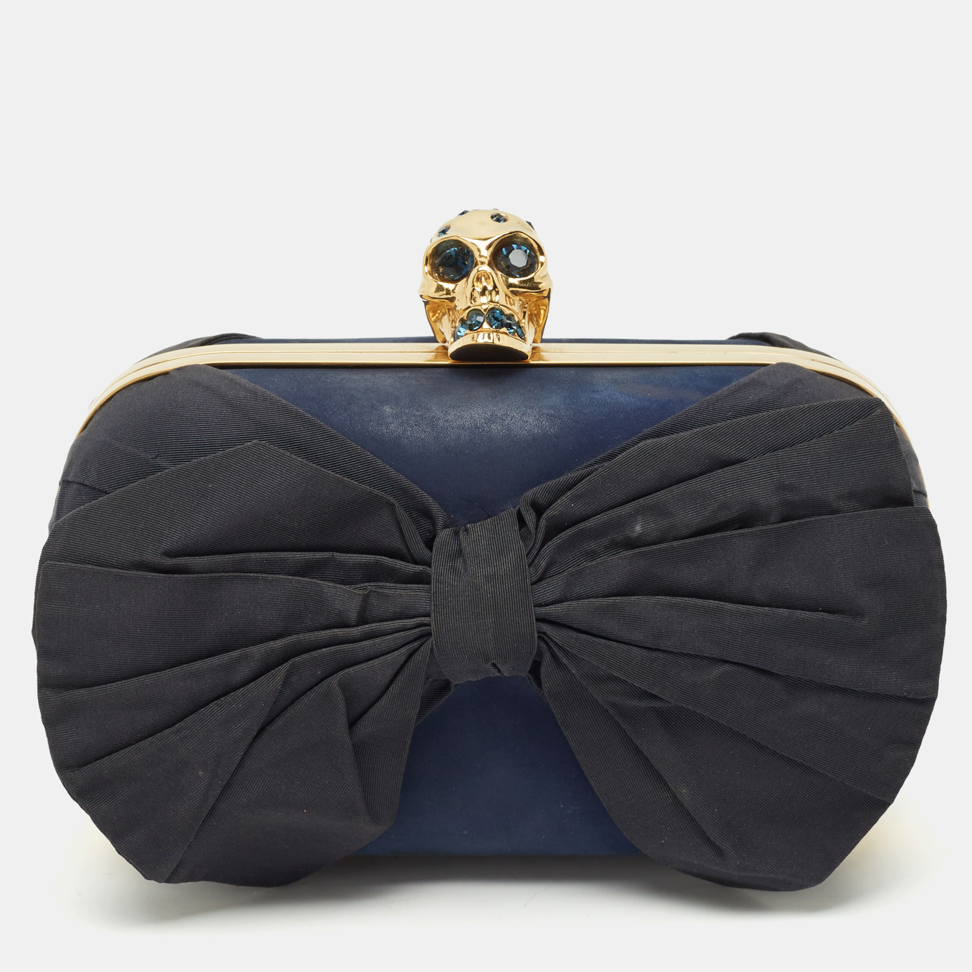 

Alexander McQueen Navy Blue Leather Bow Skull Box Clutch