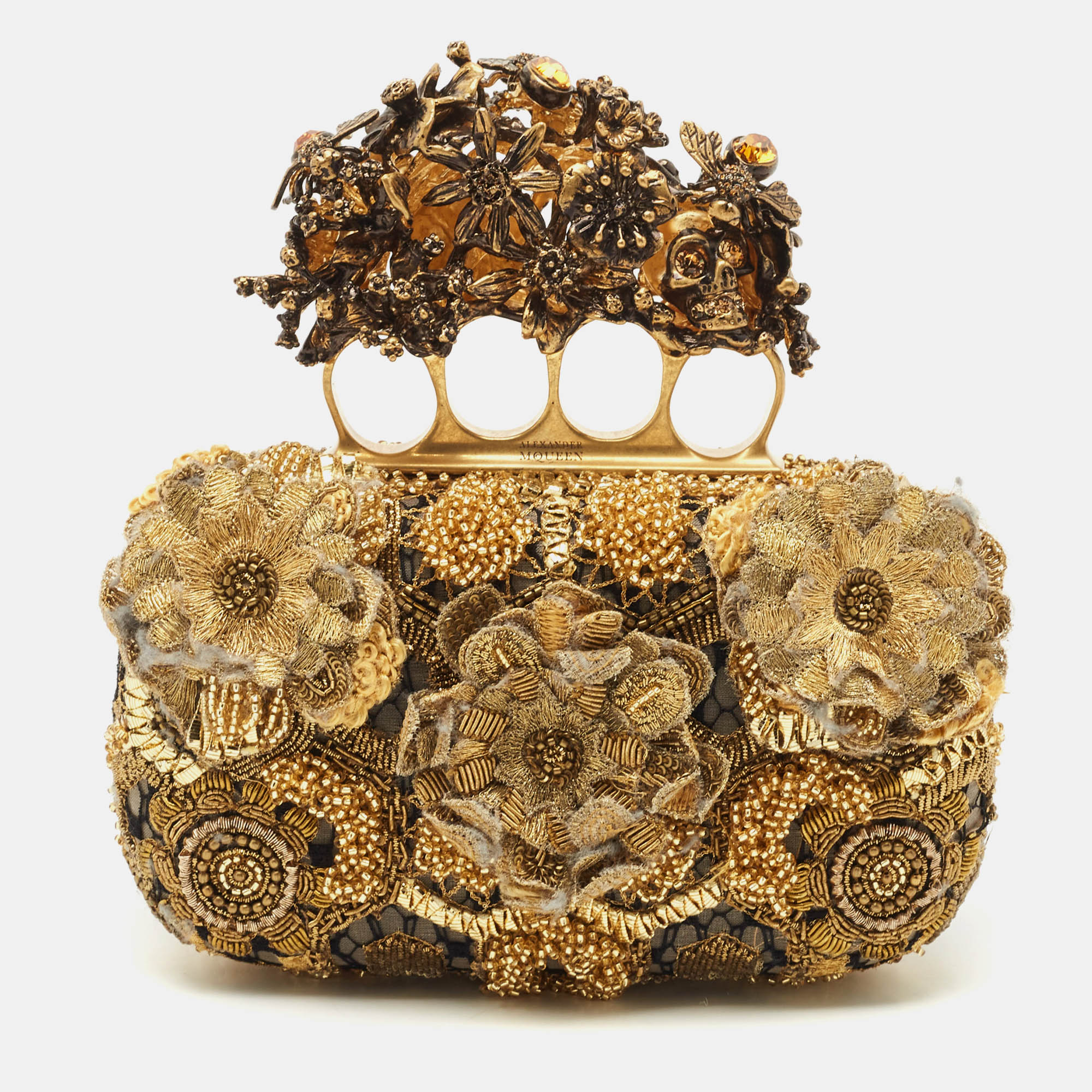 Pre-owned Alexander Mcqueen Gold Rosa Seta Knuckle Duster Box Clutch