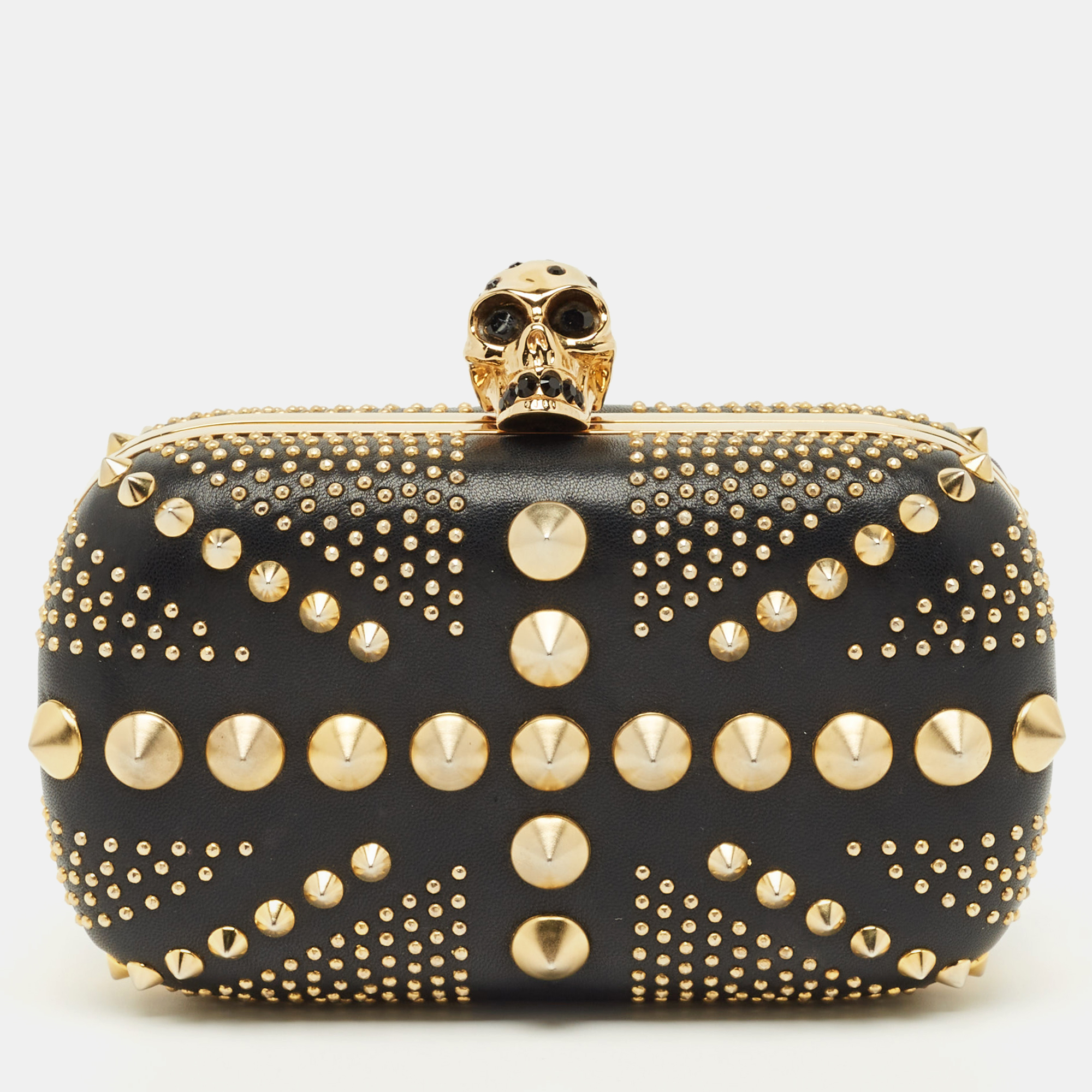 Pre-owned Alexander Mcqueen Black Leather Studded Brittania Skull Box Clutch