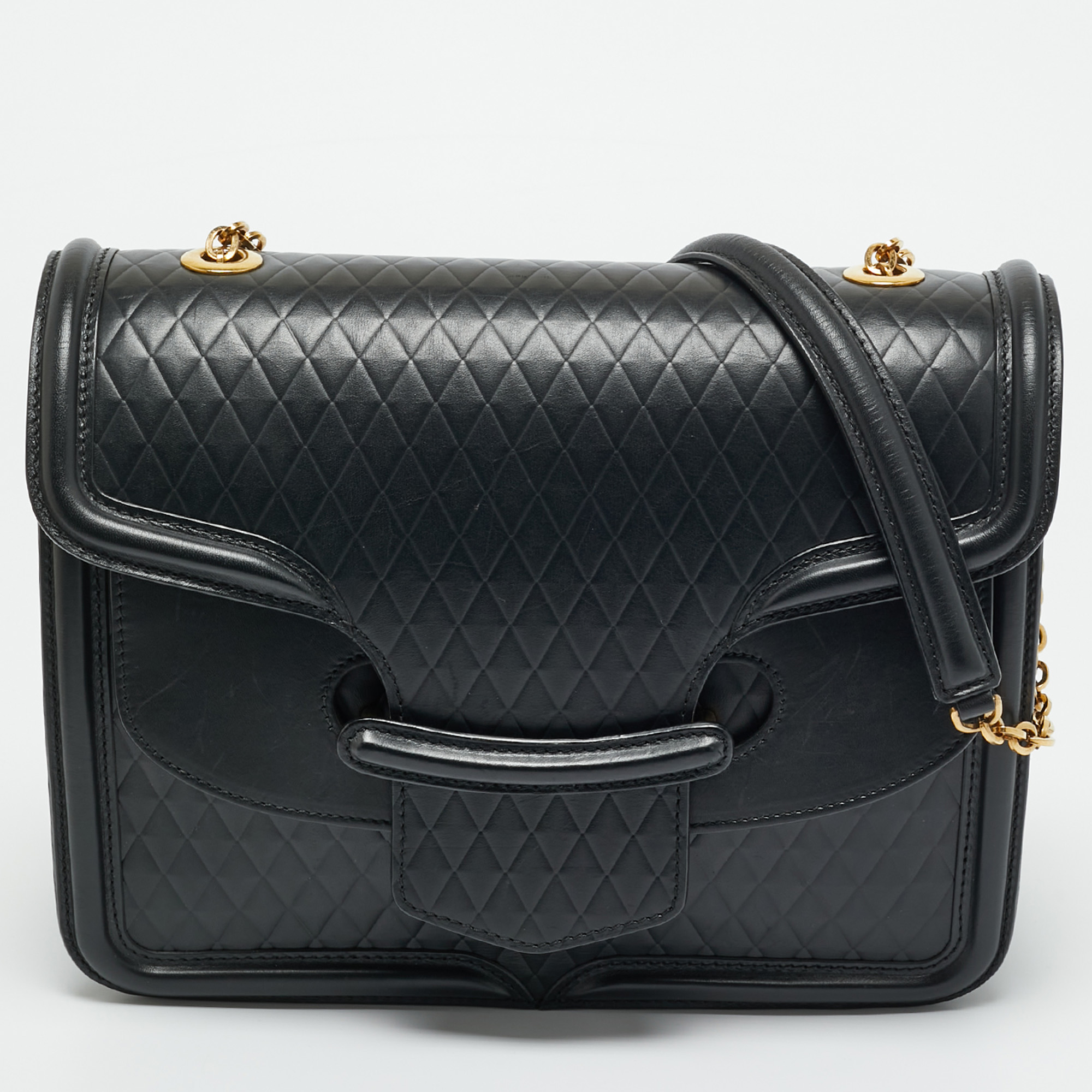 Pre-owned Alexander Mcqueen Black Diamond Embossed Leather Heroine Chain Shoulder Bag