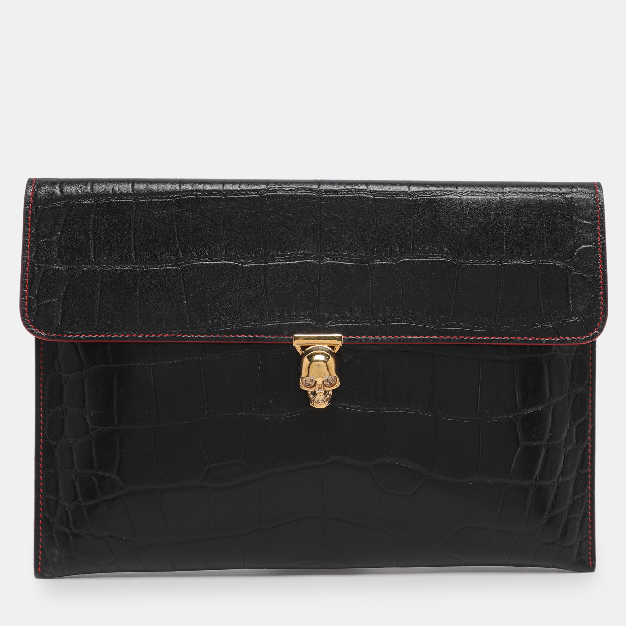 

Alexander McQueen Black Croc Embossed Leather Skull Envelope Clutch