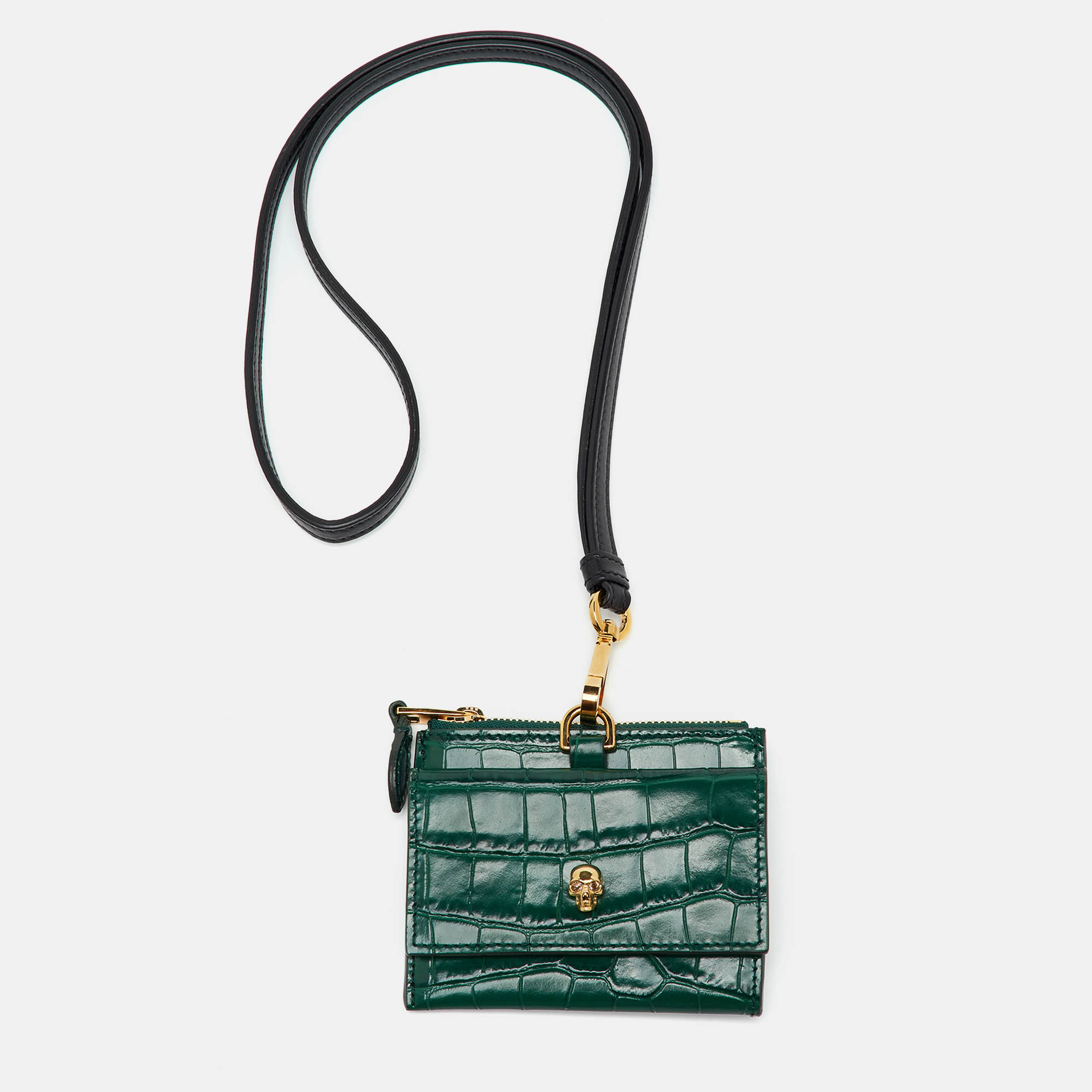 

Alexander McQueen Green Croc Embossed Leather Skull Zip Card Holder With Strap