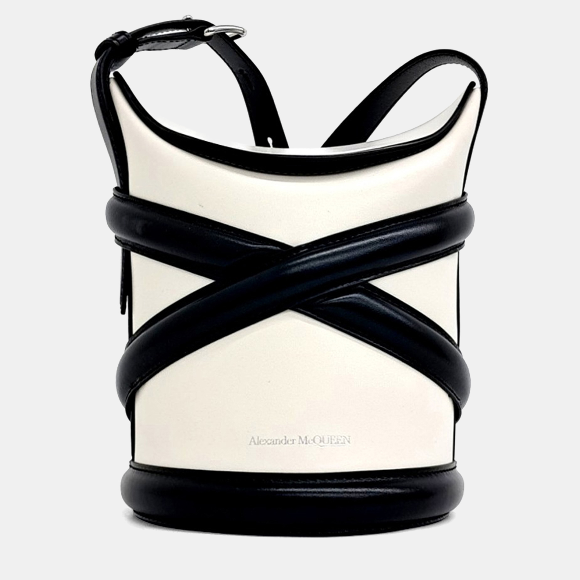 

Alexander McQueen Beige Black Leather Curve Bucket Bag