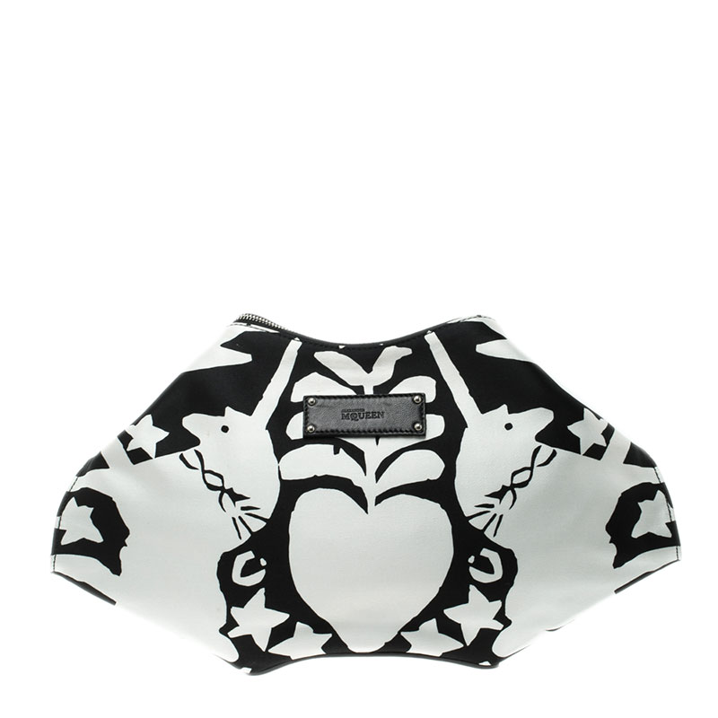 Pre Owned Alexander McQueen White/Black Printed Satin Medium De Manta Clutch
