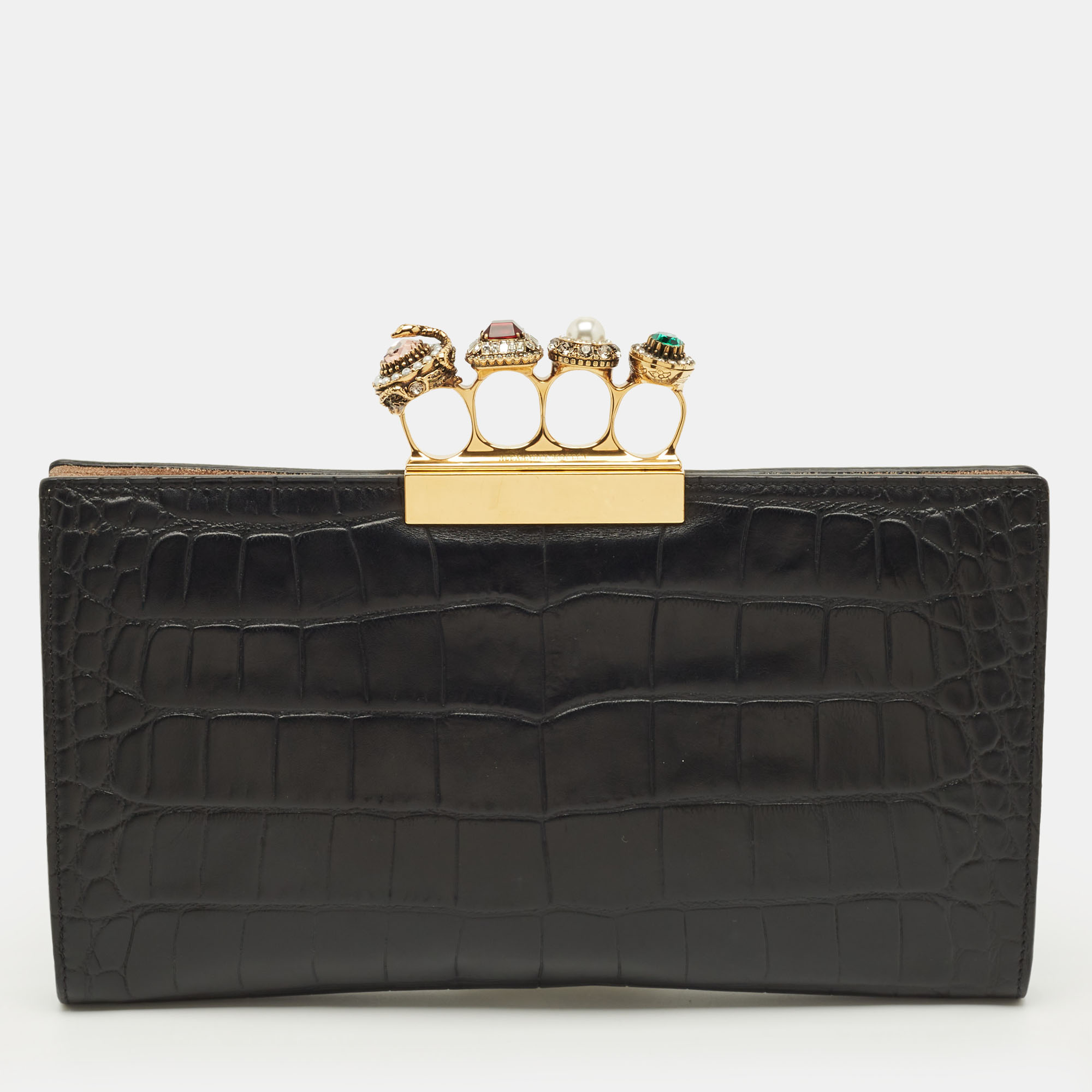 Pre-owned Alexander Mcqueen Four Ring Crystal Knuckle Black Croc Embossed Leather Pouch