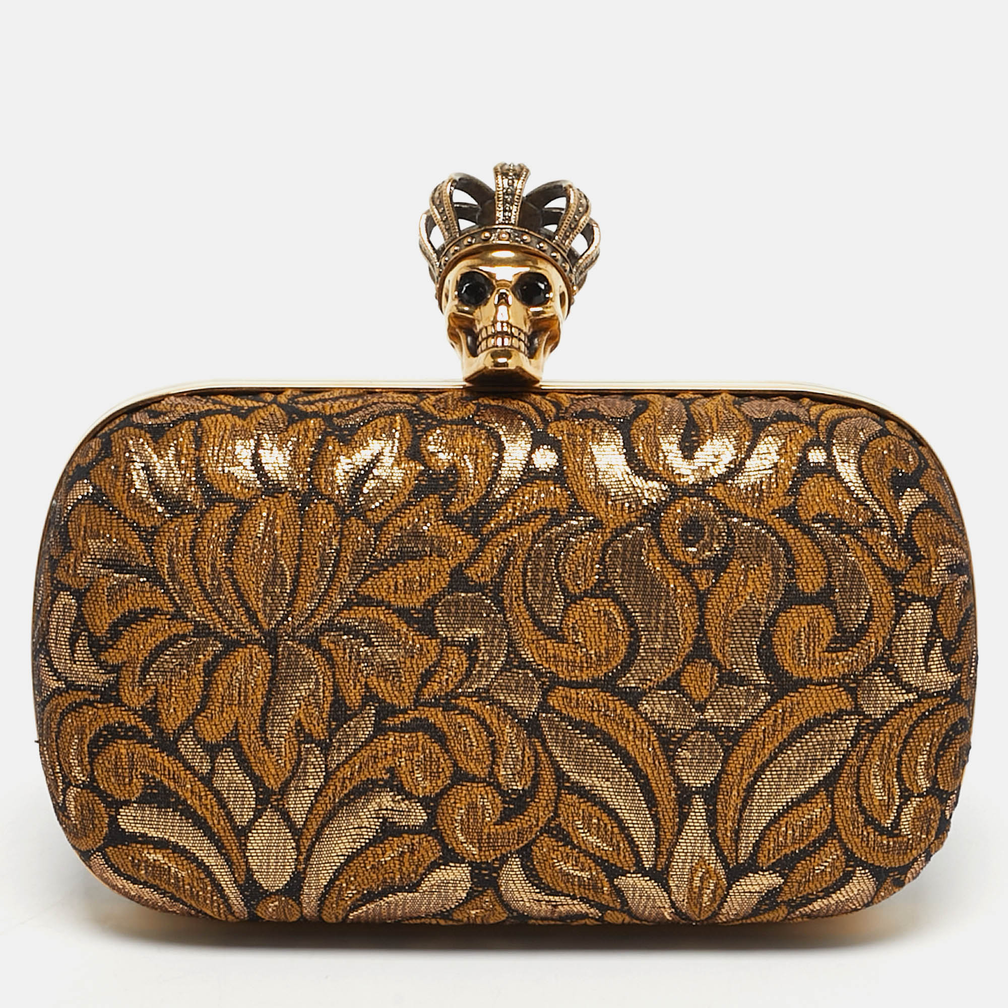 

Alexander McQueen Gold/Black Brocade Fabric Crown Skull Box Clutch