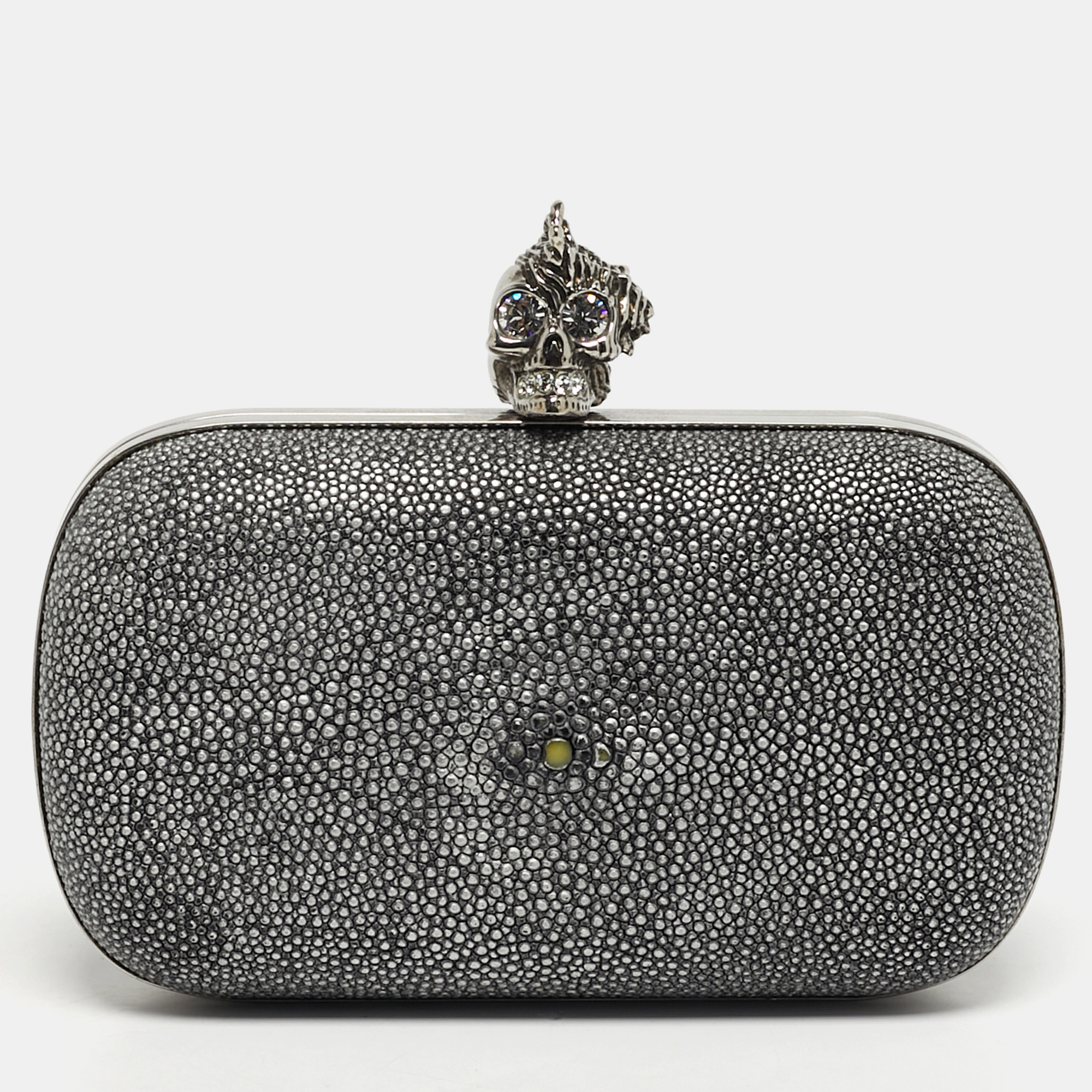 

Alexander McQueen Grey Stingray Leather Skull Box Clutch