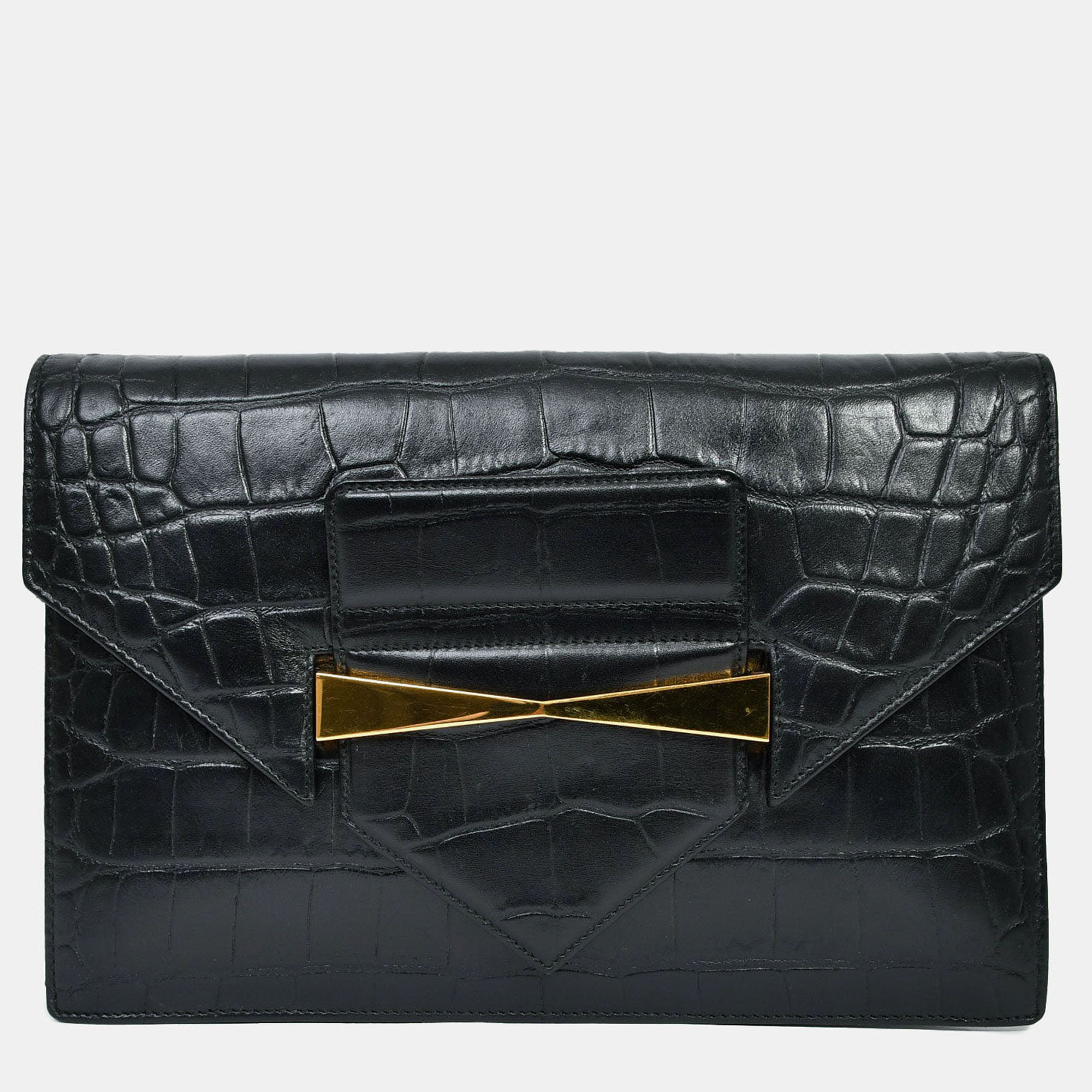 Pre-owned Alexander Mcqueen Black Croc Effect Leather Envelope Clutch