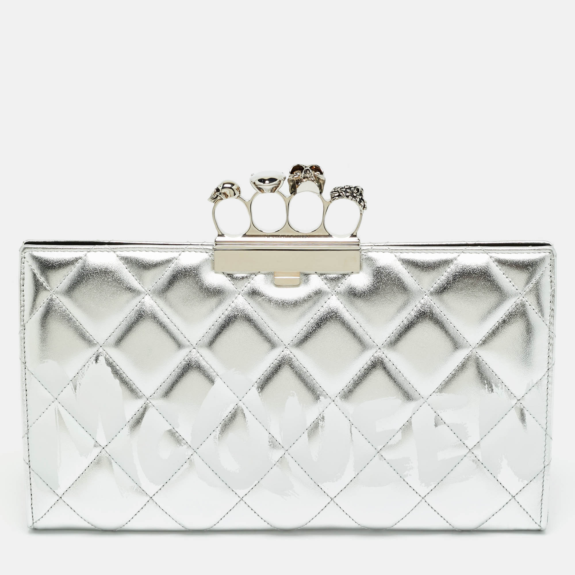 

Alexander McQueen Jewelled Knuckle Graffiti Silver Quilted Leather Clutch