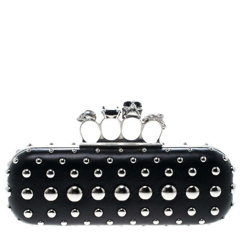 Alexander McQueen Black Leather Studded Skull Knuckle Box Clutch