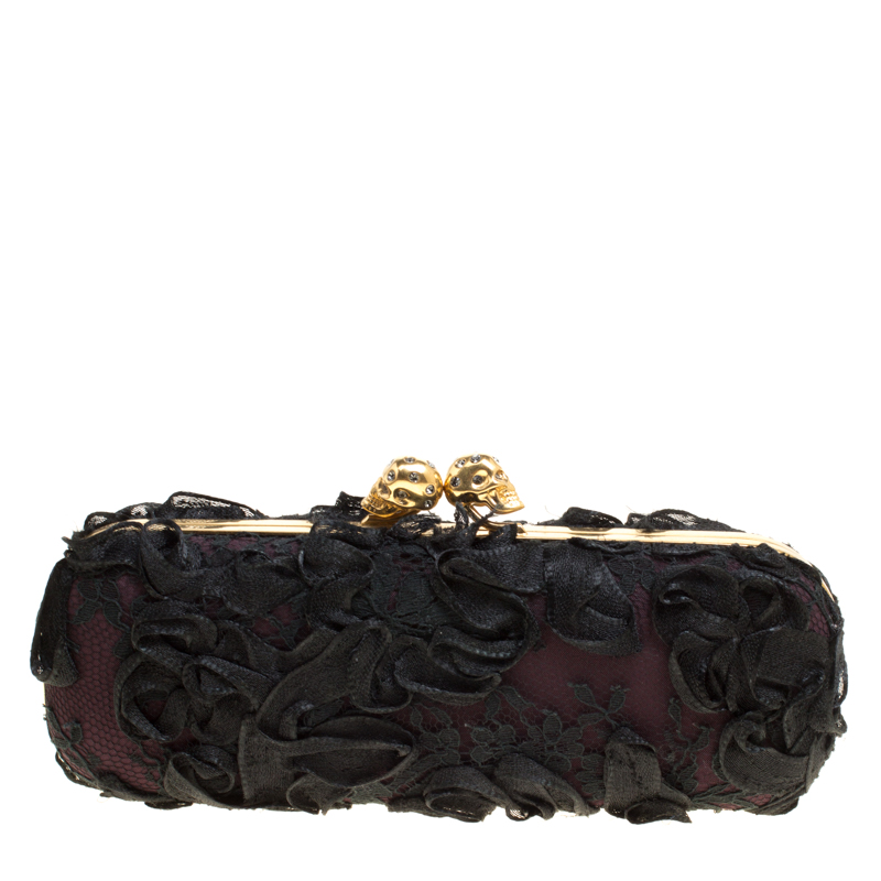 Pre Owned Alexander McQueen Black Lace Skull Crystal Clutch