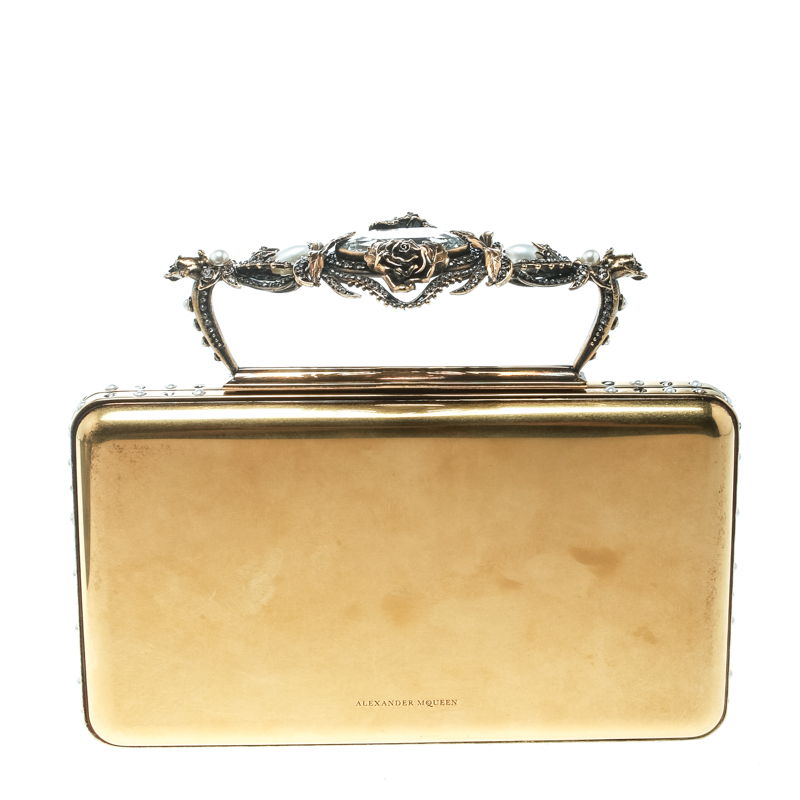 Pre Owned Alexander McQueen Gold Metal Small Ottone Jewelled Clutch