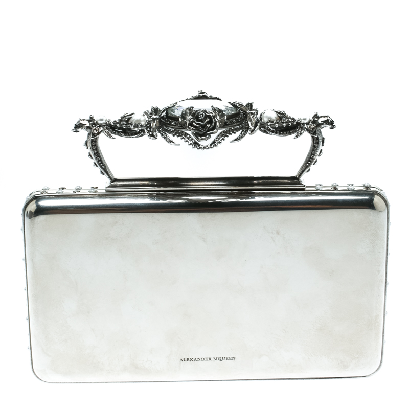 Pre Owned Alexander McQueen Silver Metal Small Ottone Jewelled Clutch