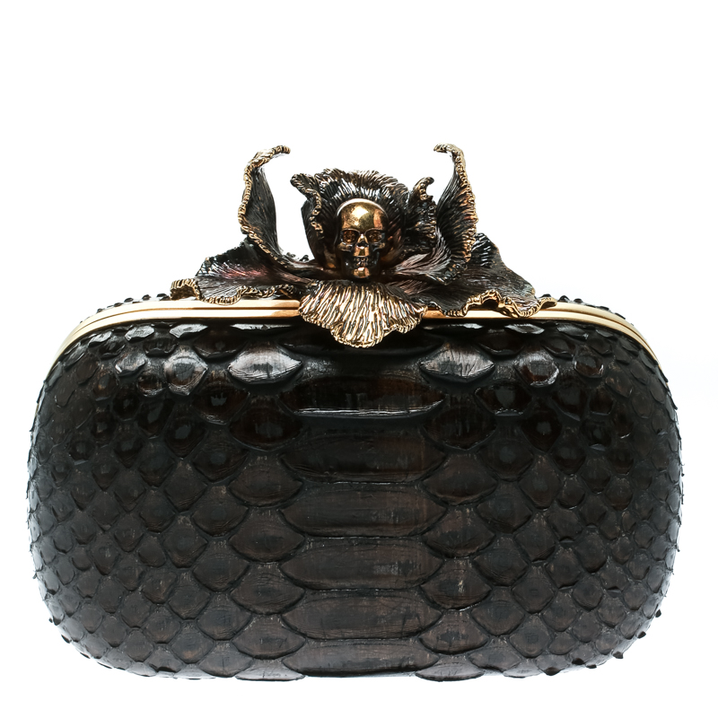 Pre Owned Alexander McQueen Dark Brown Python Flower Skull Box Clutch