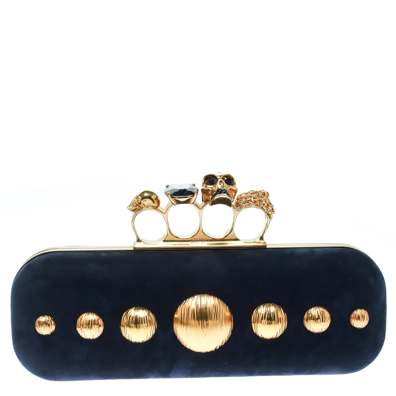 Pre Owned Alexander McQueen Navy Blue Leather Skull Knuckle Box Clutch