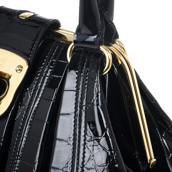 Vintage Alexander McQueen Black Pleated Patent Leather Elvie Tote Bag.
