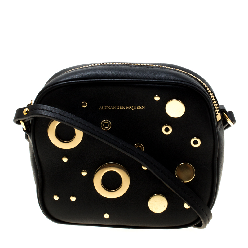 Pre Owned Alexander McQueen Black Leather Eyelet and Stud Camera Crossbody Bag