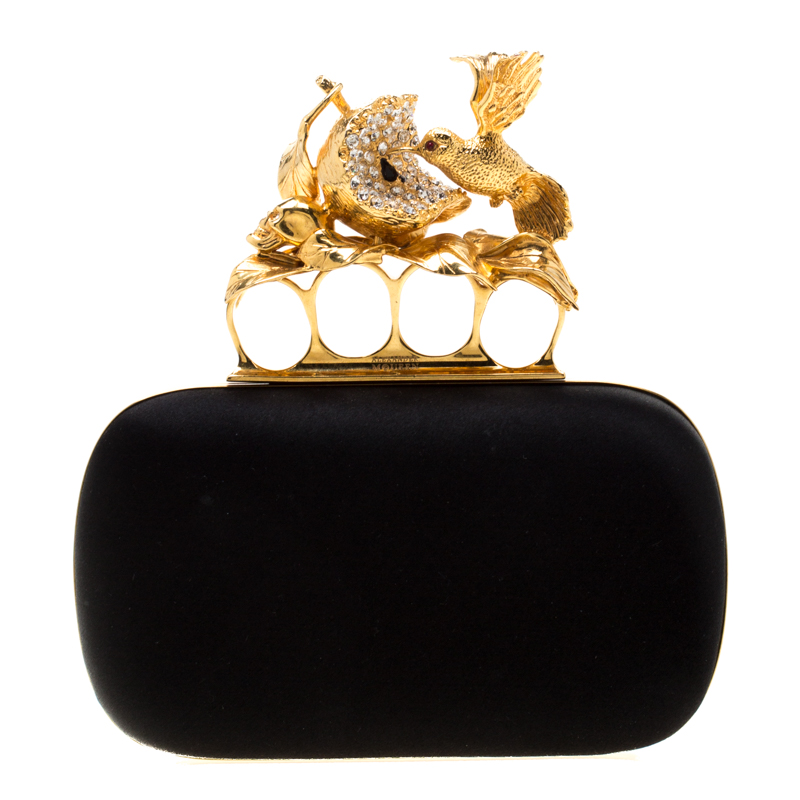 Pre Owned Alexander McQueen Black Satin Bird And Apple Knuckle Clutch