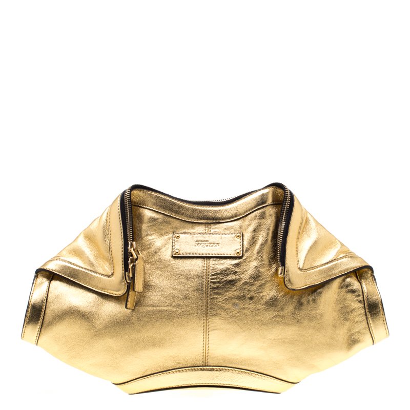 Alexander McQueen Gold Metallic Leather Medium De Manta Clutch