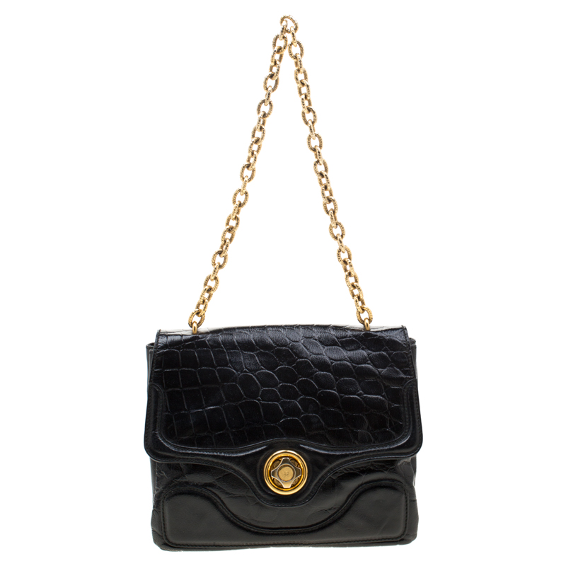 Pre Owned Alexander McQueen Black Croc Embossed Leather Flap Chain Shoulder Bag