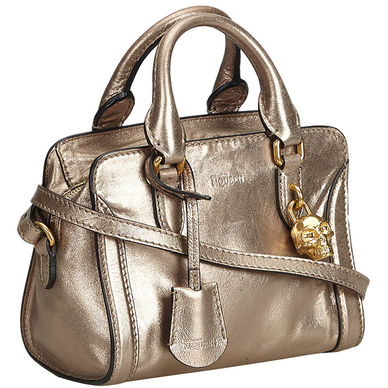 

Alexander McQueen Gold Leather Small Skull Padlock Satchel