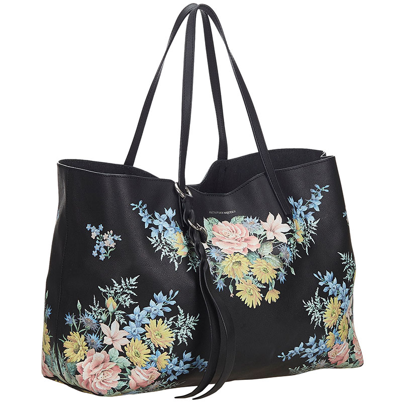 

Alexander McQueen Black Leather Floral Skull Open Tote Bag