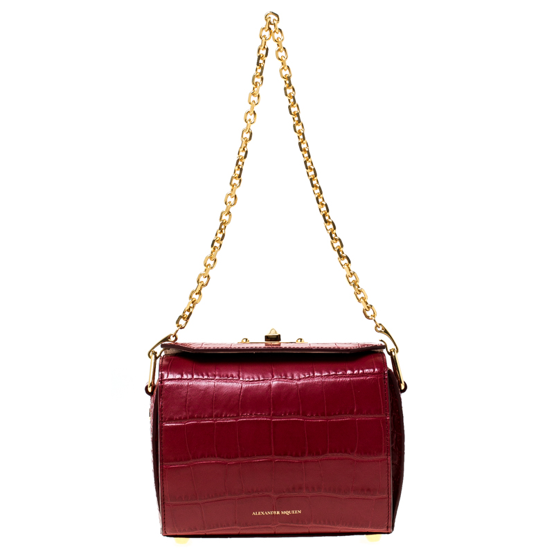 Alexander McQueen Red Croc Embossed Leather Box Shoulder Bag 